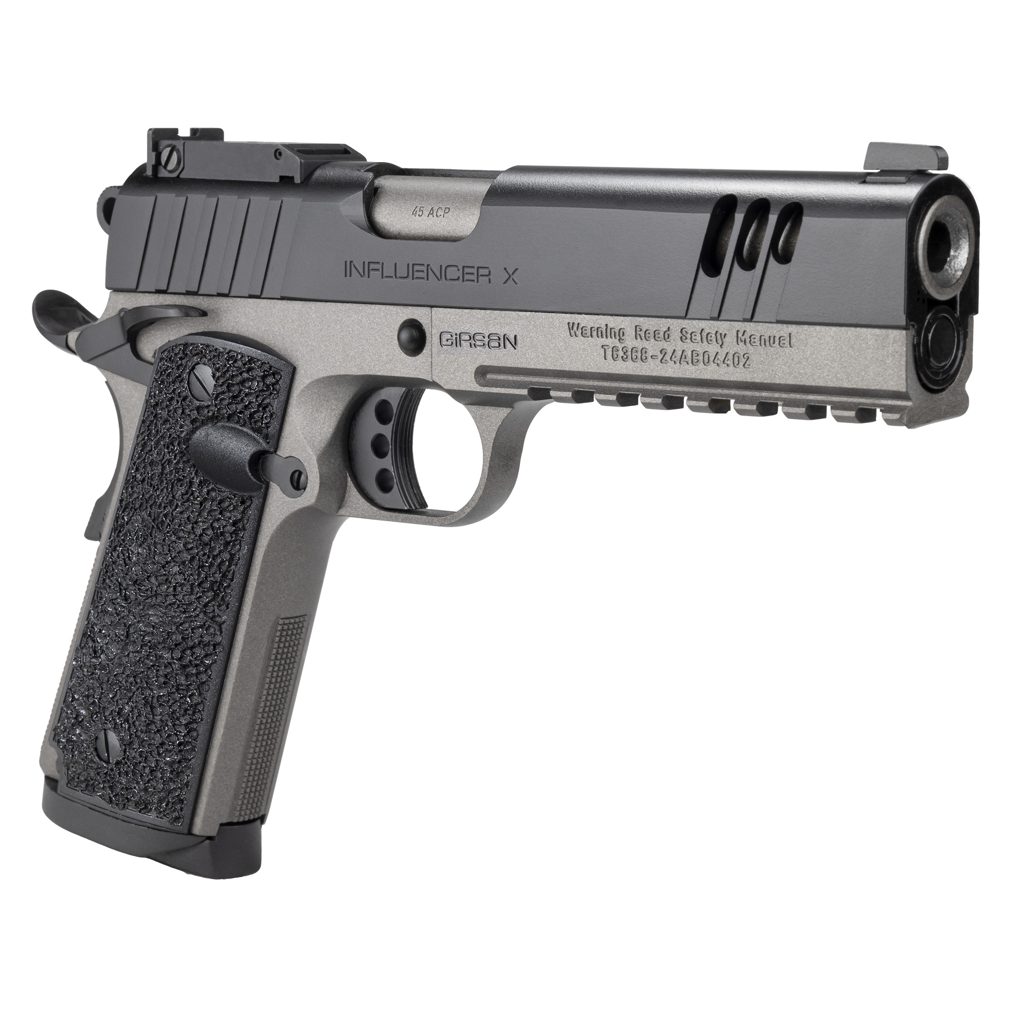 Girsan MC1911S Influencer X, Semi-automatic, 1911, Full Size, 38 Super, 5 Barrel, Cerakote Finish, Tungsten Frame with Black Slide, Optic Ready, Ambidextrous Safety, 9 Rounds, 1 Magazine 391530