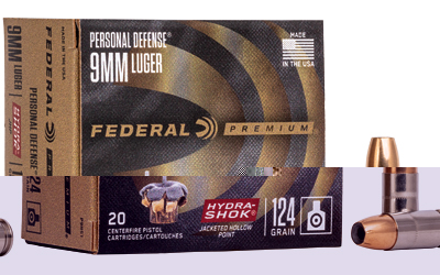 Federal Hydra-Shok, 9MM, 124 Grain, Hollow Point, 20 Round Box P9HS1