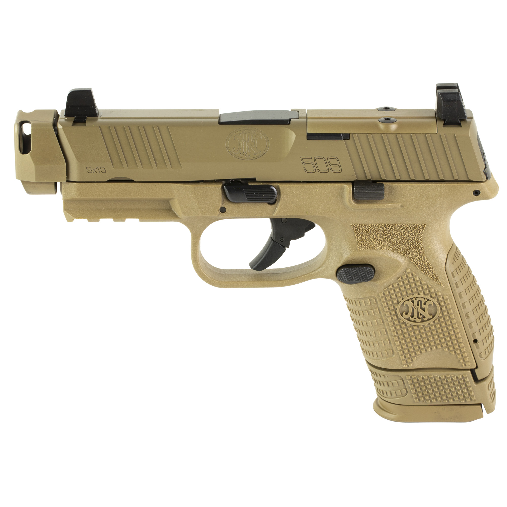 FN America FN 509 MRD Compensated, Semi-automatic, Striker Fired, Polymer Framed Pistol, Compact, 9MM, 4.2 Barrel, Auto Indexing Compensator, Matte Finish, Flat Dark Earth, Optics Ready Slide, Co-Witness Iron Sights, Non-Manual Safety, 2 Magazines, (