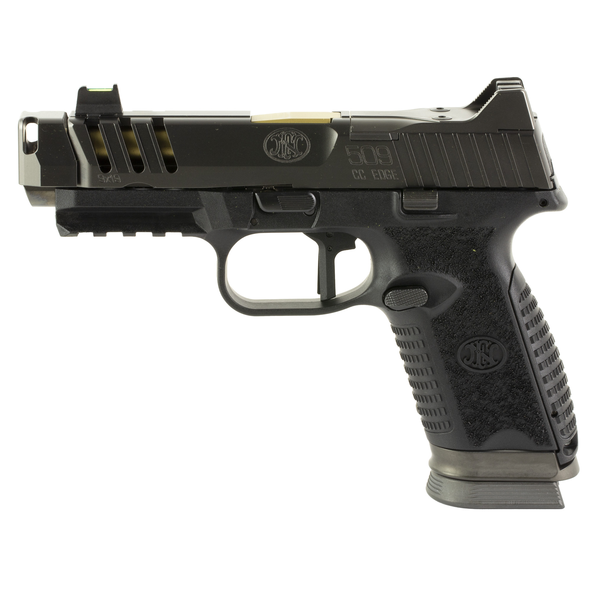 FN America 509 CC Edge XL, Striker Fired, Semi-automatic, Polymer Framed Pistol, Compact, 9MM, Gold TiN 4.2 Barrel, Quick Detach Compensator, PVD Finish, Graphite Slide, Black Frame, Flat Face Trigger, Flared Magazine Well, Fiber Optic Front Sight, 1