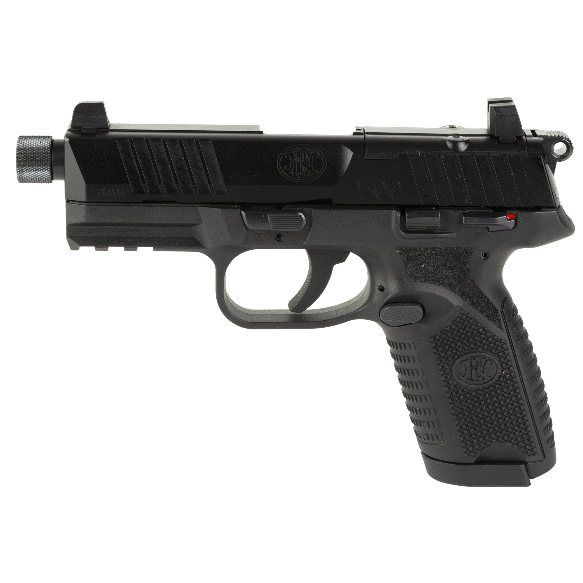 FN America 502, Tactical, Single Action Only, Semi-automatic, Polymer Frame Pistol, Compact Size, 22 LR, 4.6 Threaded Barrel, 1/2X28 TPI, Black, Fixed Suppressor Height Sights, Ambidextrous Thumb Safety, No Decocker, 10 Rounds, Optics Ready Slide, 2