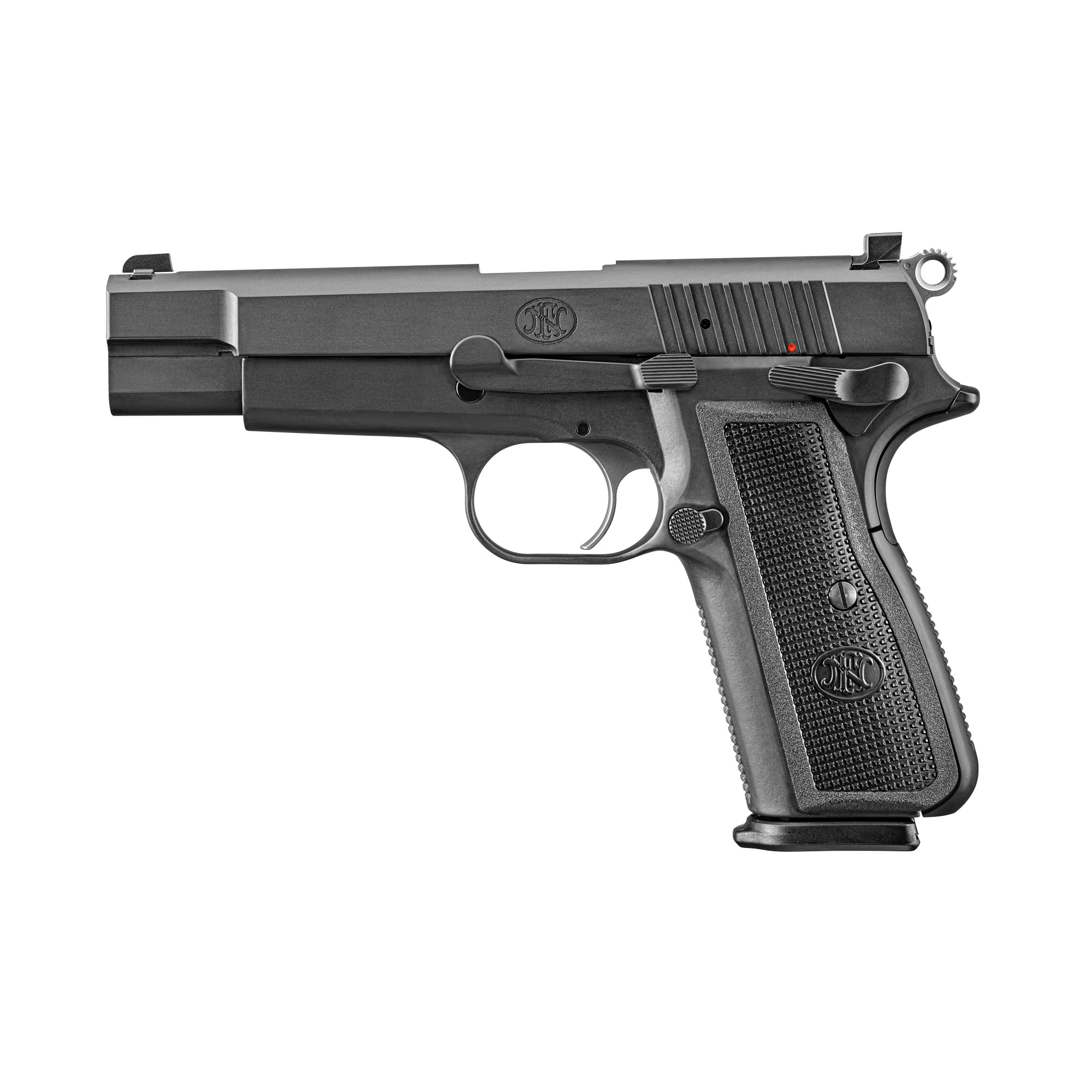 FN America High Power, Single Action, Semi-automatic, Metal Frame Pistol, Full Size, 9MM, 4.7 Target-crowned Hammer Forged Barrel, PVD Finish, Black, 2 Polymer Grip Pairs, Driftable Dovetail Sights, Ambidextrous Safety, 17 Rounds, 2 Magazines, Includ