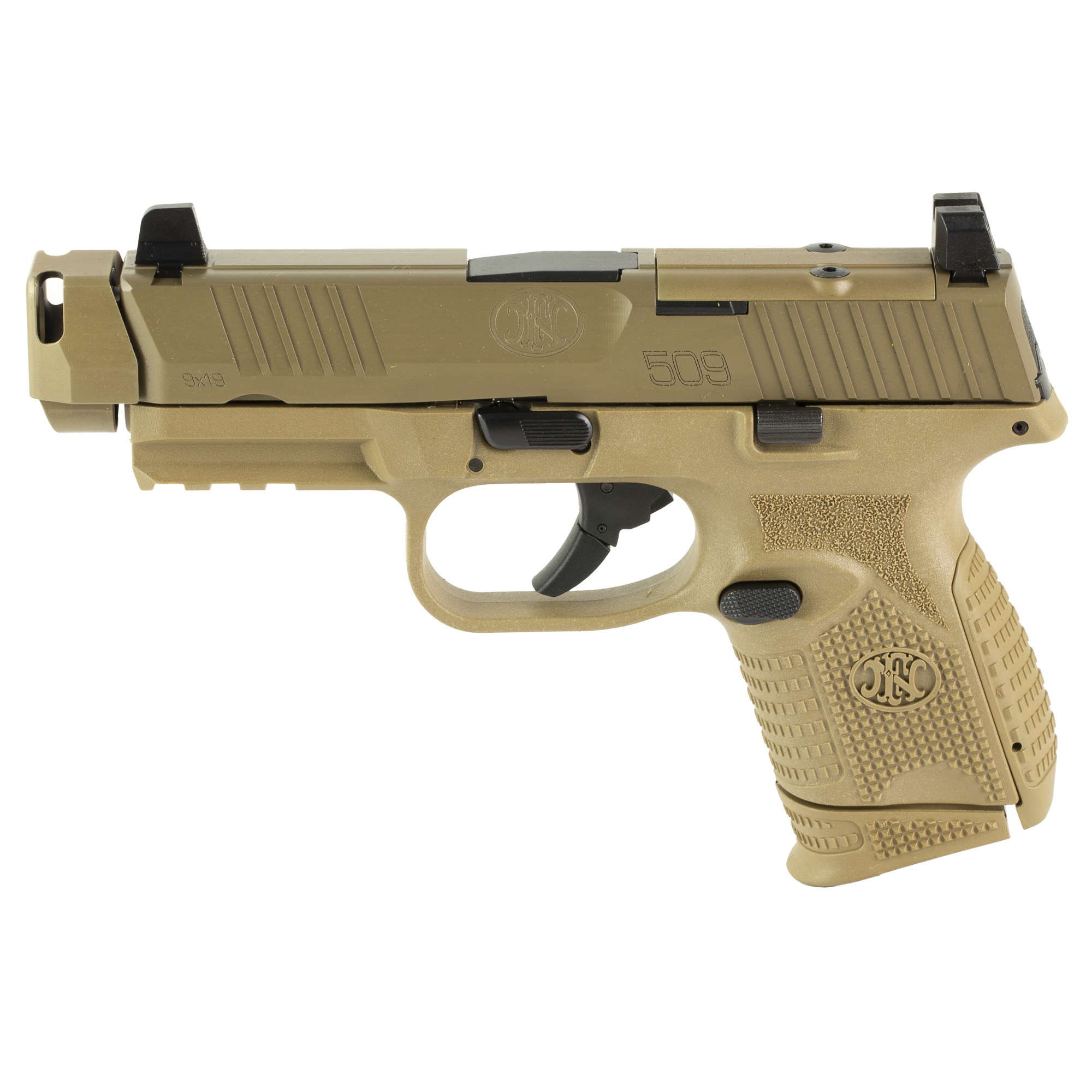 FN America FN 509 MRD Compensated, Semi-automatic, Striker Fired, Polymer Framed Pistol, Compact, 9MM, 4.2 Barrel, Auto Indexing Compensator, Matte Finish, Flat Dark Earth, Optics Ready Slide, Co-Witness Iron Sights, Non-Manual Safety, 10 Rounds, 2 M