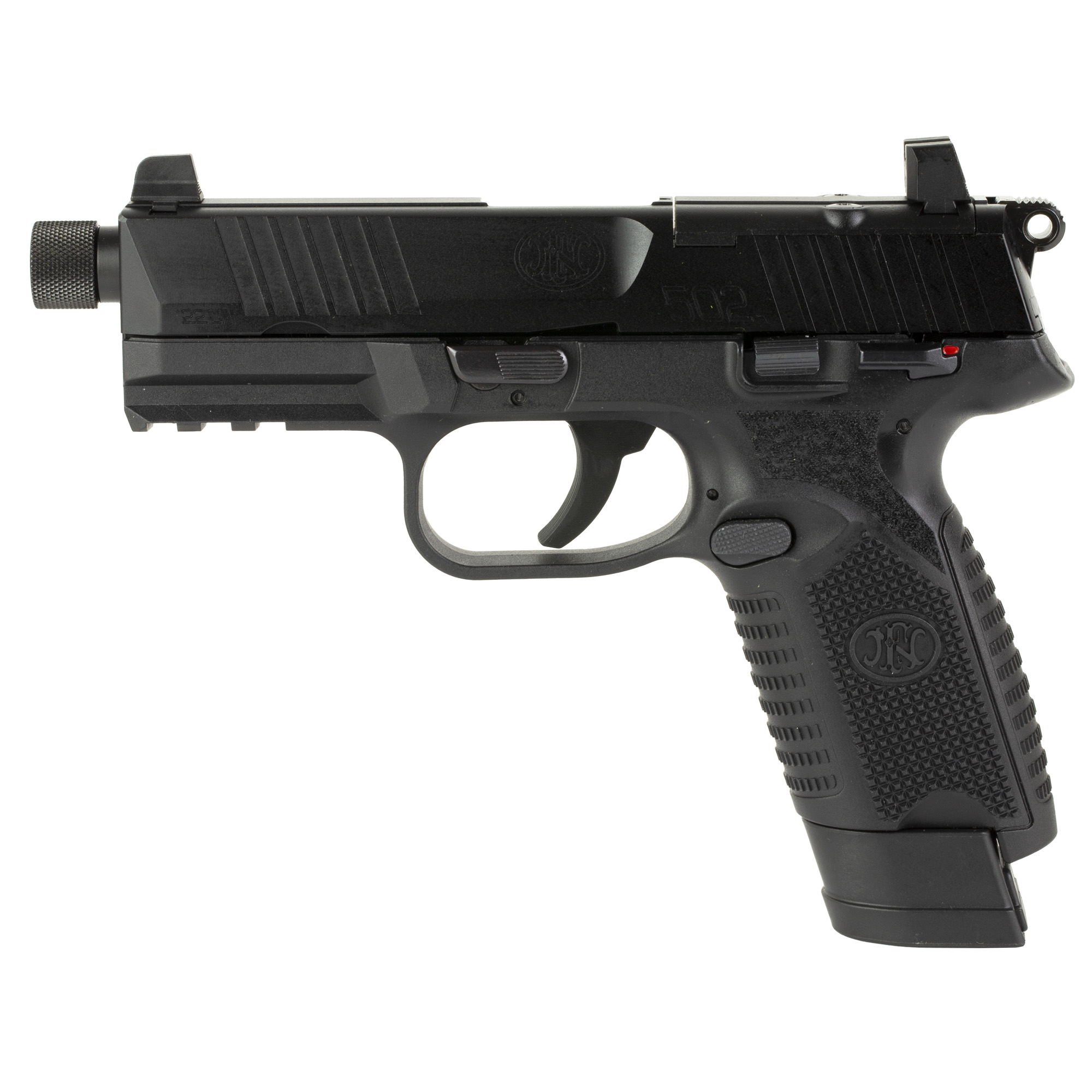 FN America 502, Tactical, Single Action Only, Semi-automatic, Polymer Frame Pistol, Compact Size, 22 LR, 4.6 Threaded Barrel, 1/2X28 TPI, Black, Fixed Suppressor Height Sights, Ambidextrous Thumb Safety, No Decocker, Optics Ready Slide, 2 Magazines,