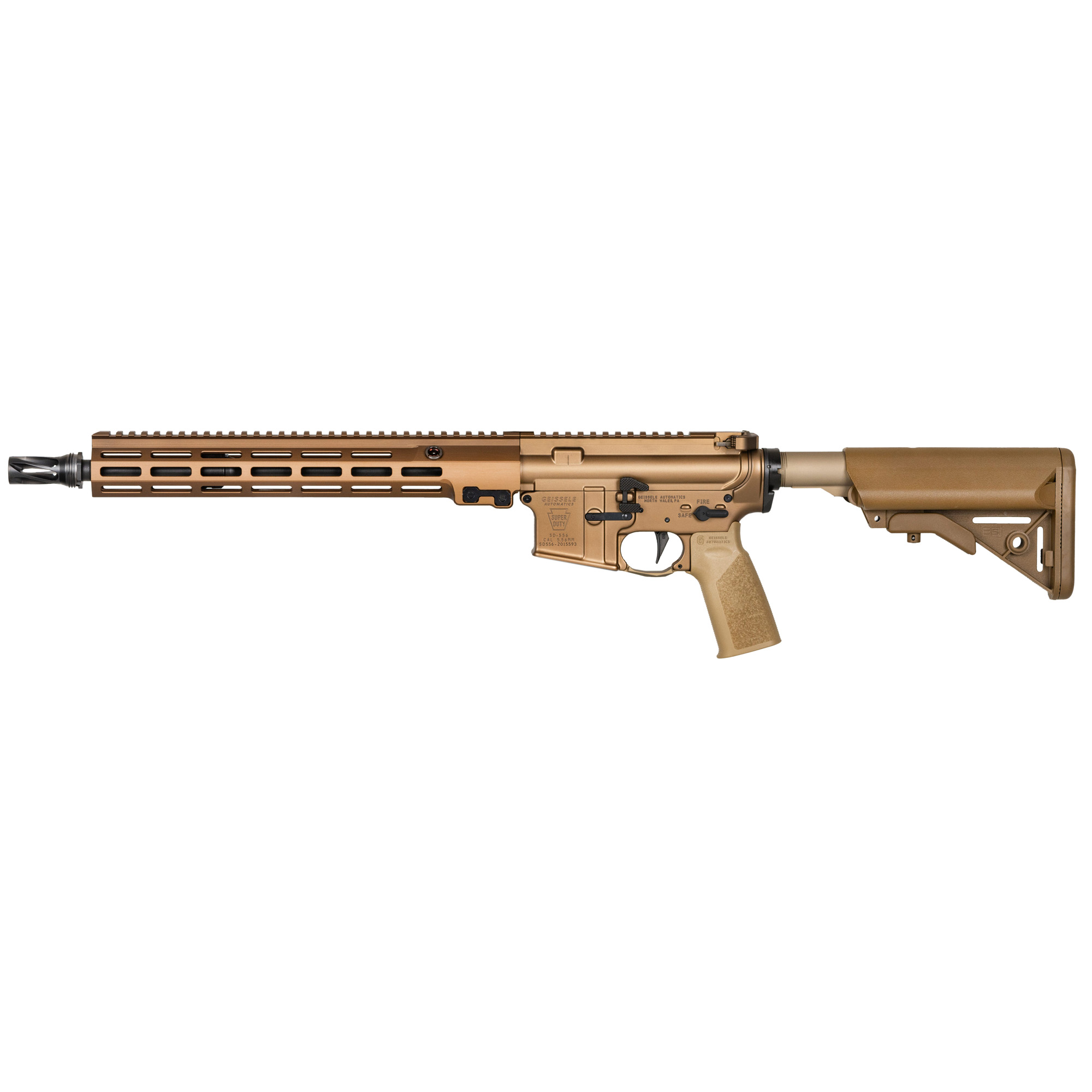 Geissele Automatics Super Duty Mod1, Semi-automatic Rifle, AR, 223 Remington/556NATO, 14.5 Pinned (16 OAL), Cold Hammer Forged Barrel, 1-7 Twist, Pinned and Welded HUXWRX QD 556 Flash Hider, Mid-Length Gas System, Anodized Finish, Desert Dirt Color,