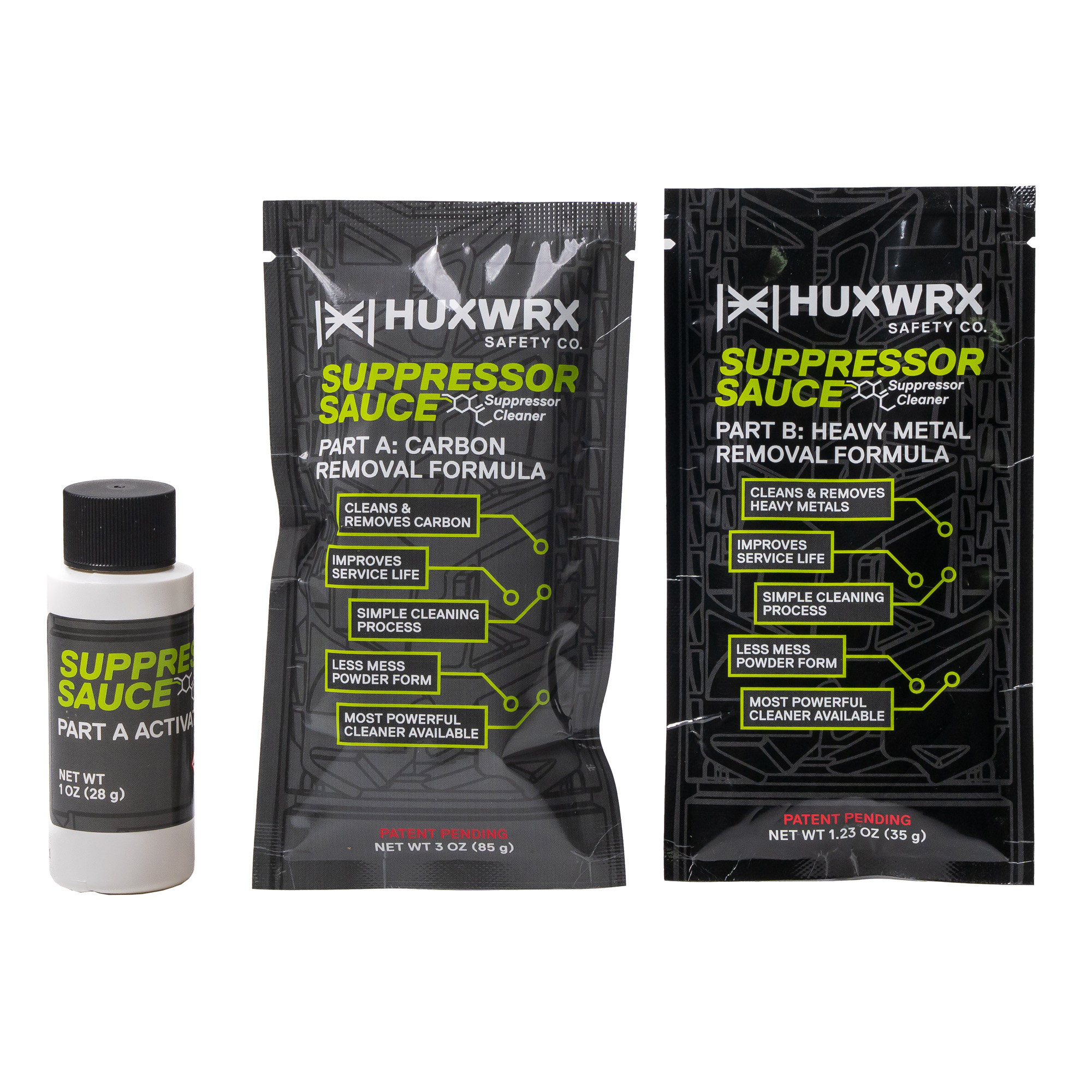 HUXWRX Safety Company Suppressor Sauce Refill Kit, For use with the Suppressor Sauce Cleaning Kit, Includes Three (3) Packets of Part A:Carbon Removal Formula, Three (3) Bottles of Part A:Activator, and Three (3) Packets of Part B:Heavy Metal Removal