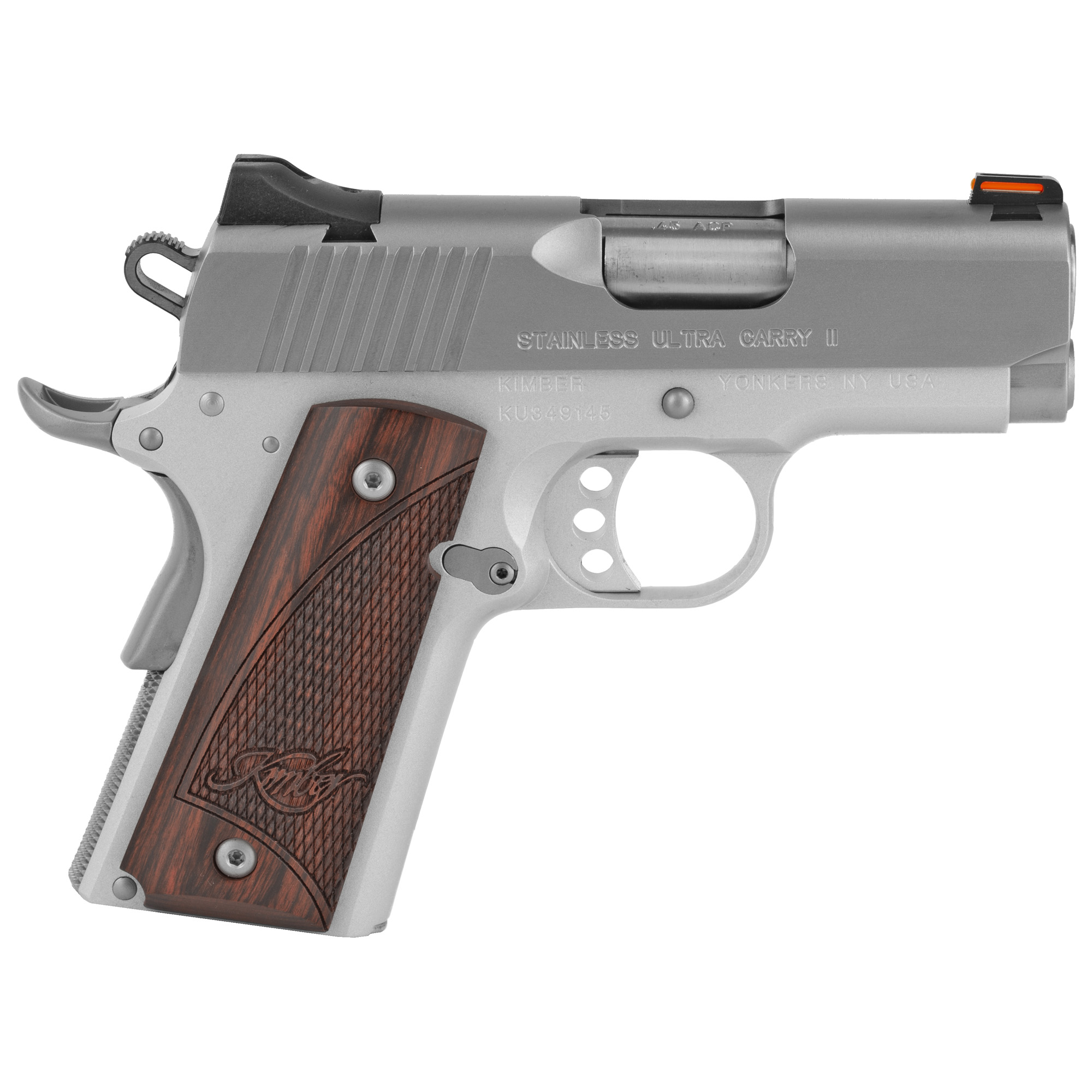 Kimber America Stainless Ultra Carry II, 1911, Semi-automatic, Metal Frame Pistol, Sub-Compact, 45 ACP, 3 Barrel, Stainless Steel Match Grade Barrel, Aluminum, Satin Finish, Silver, Rosewood Grips, Fiber Optic Front and Low Profile Combat Rear Sights