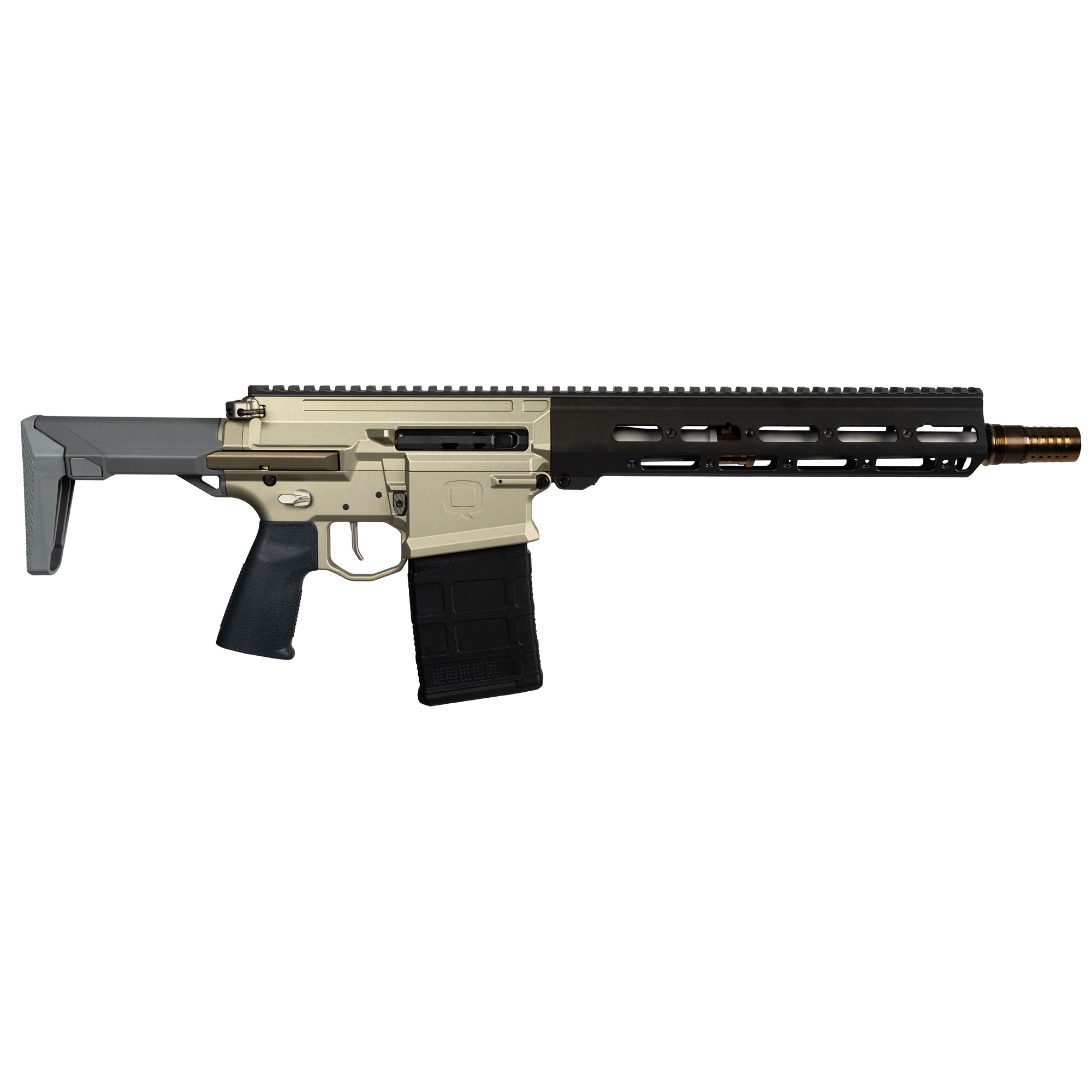 Q Boombox, Semi-automatic, Short Barrel Rifle, 8.6 Blackout, 12 Threaded Barrel, Clear Anodized Finish, Flat Dark Earth, Ambidextrous Safety, Reptilia CQG-NB Grip, 11 Q-Sert Handguard, 2 Position Stock, 1 Magazine, 20 Rounds, Product Finishes, Shade