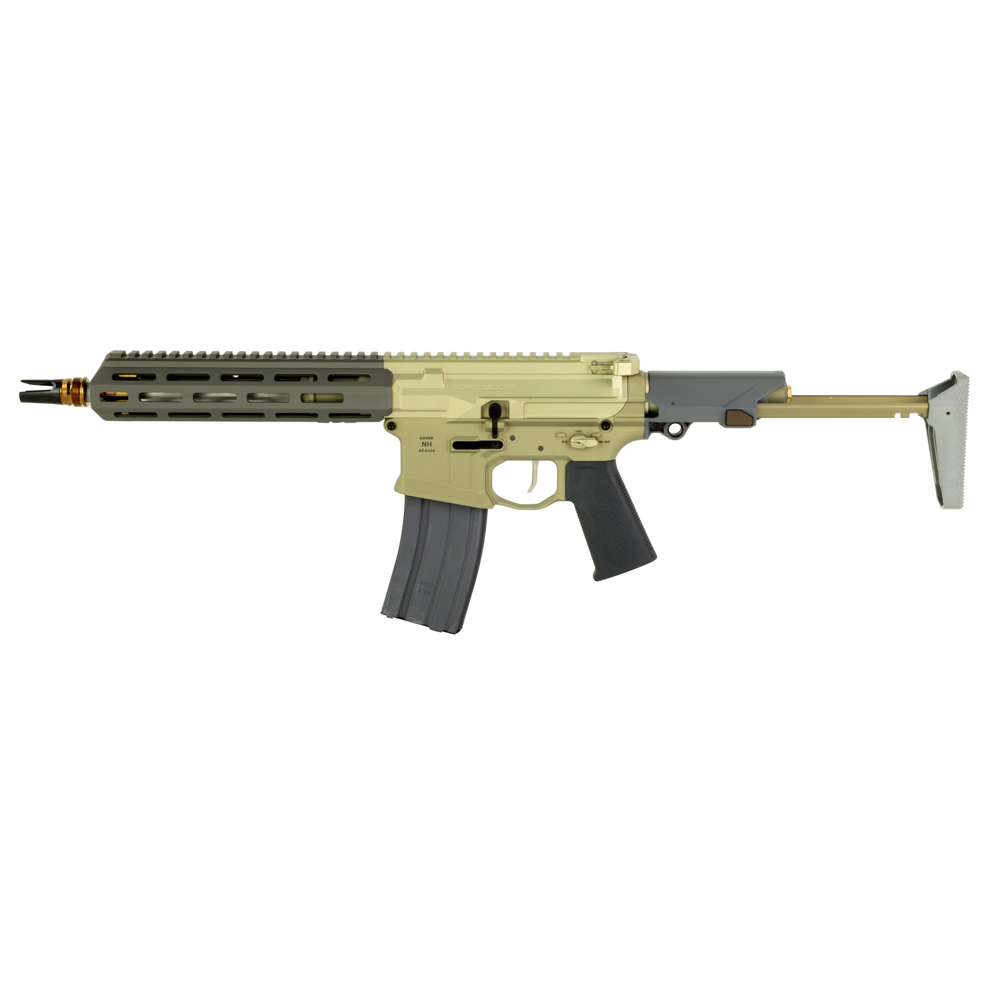 Q Honey Badger, Semi-automatic, SBR, 556NATO, 10 Threaded Barrel, Clear Anodized Finish, Flat Dark Earth, Collapsible Stock, 30 Rounds, 1 Magazine, Product Finishes, Shade Variations and Other Imperfections Are Normal Due to the Manufacturing Process