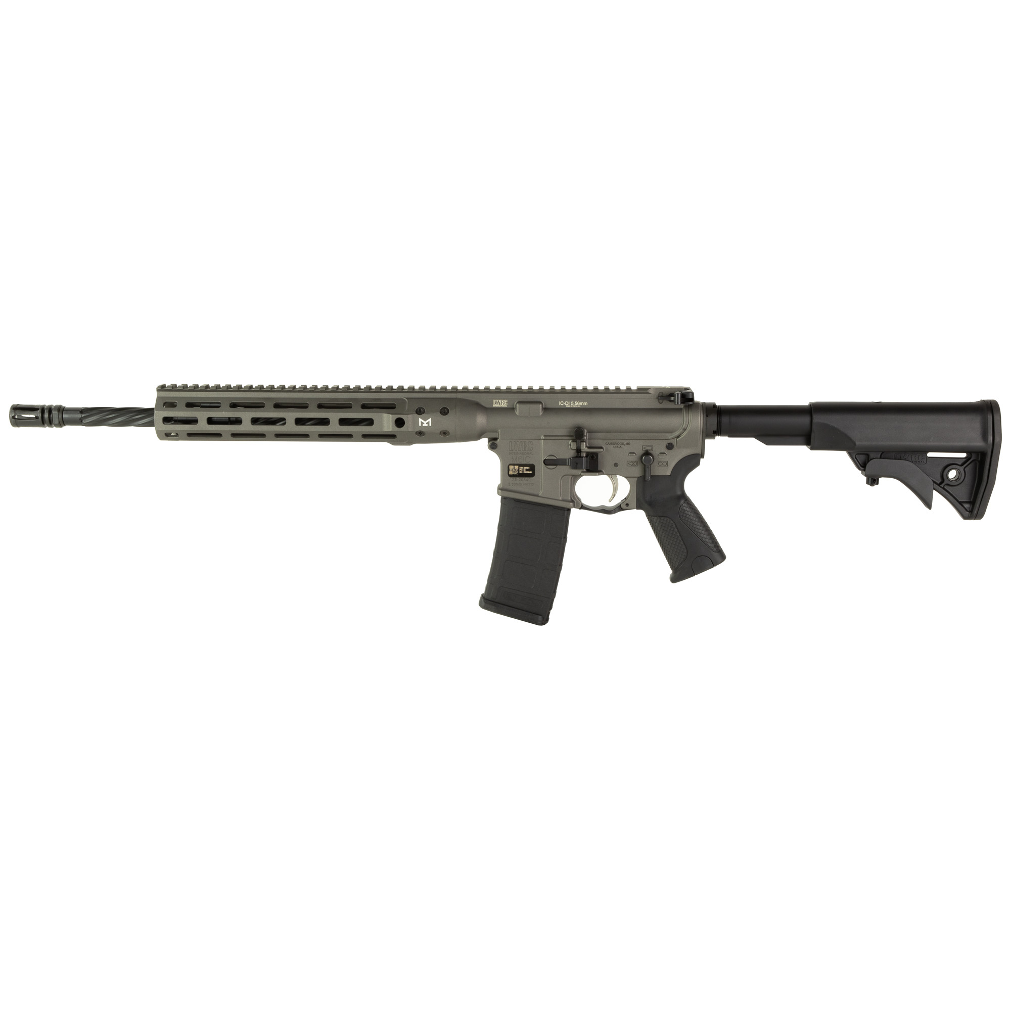 LWRC IC Direct Impingement, Semi-automatic Rifle, AR, 223 Remington/556NATO, 16.1 Cold Hammer Forged Spiral Fluted Barrel, Threaded 1/2x28, A2 Birdcage Flash Hider, Adjustable Stock, Free-Float M-LOK Rail, Tungsten Gray, 30 Rounds, 1 Magazine, Ambide
