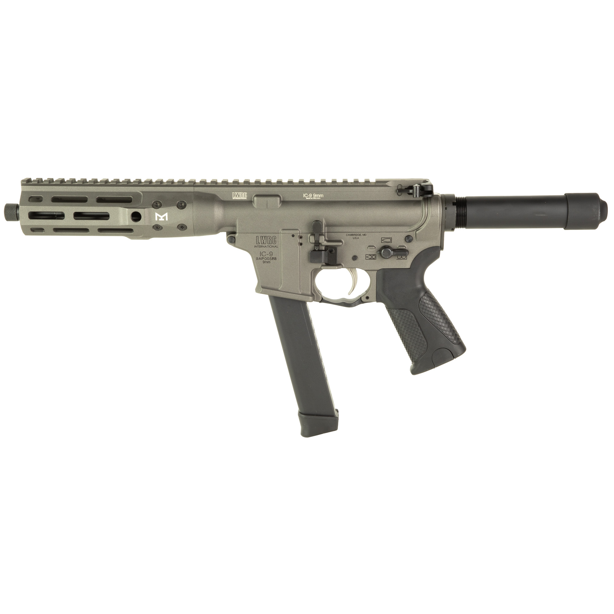 LWRC IC-9, Semi-automatic Pistol, AR, 9MM, 8.5 Barrel, Threaded 1/2x28, Anodized Finish, Tungsten Gray, LWRCI Ultra Combat Grip, Free Floated M-LOK Rail, 30 Rounds, 1 Magazine, Ambidextrous ICP9TG8