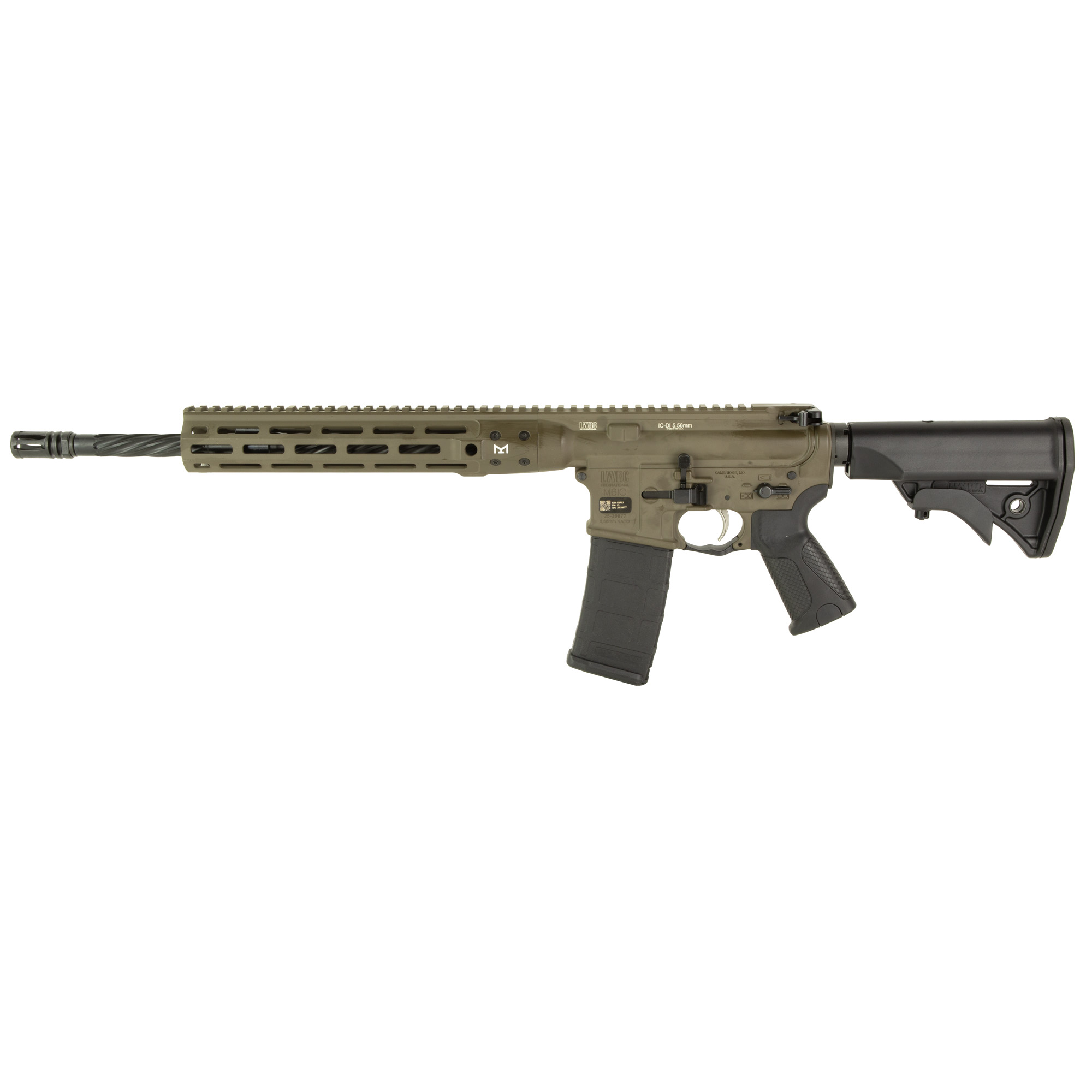 LWRC IC Direct Impingement, Semi-automatic Rifle, AR, 223 Remington/556NATO, 16.1 Cold Hammer Forged Spiral Fluted Barrel, Threaded 1/2x28, A2 Birdcage Flash Hider, Adjustable Stock, Free-Float M-LOK Rail, Patriot Brown, 30 Rounds, 1 Magazine, Ambide