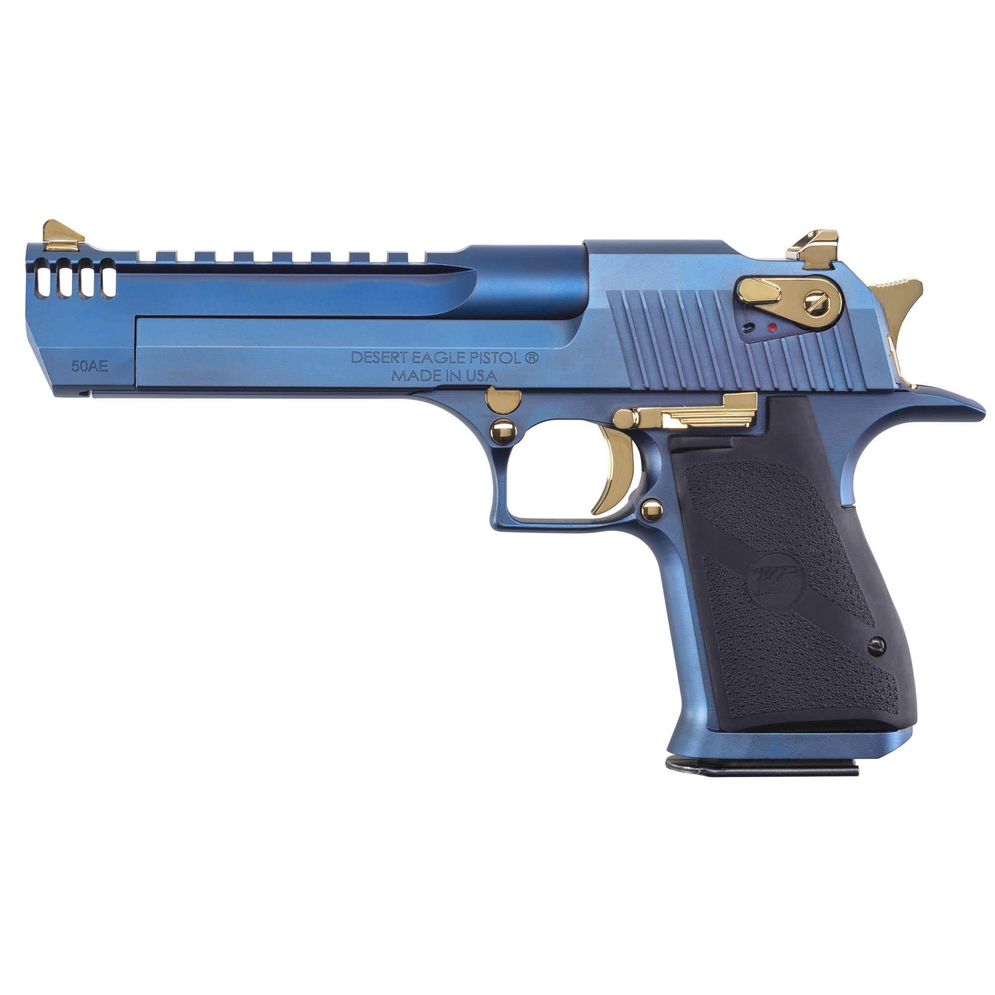 Magnum Research MK19 Desert Eagle, Semi-automatic Pistol, 50 Action Express, 6 Barrel, Integrated Muzzle Brake, Cerakote Finish, Carbo Blue, Rubber Grips, Gold Combat Sights, 7 Rounds, 1 Magazine DE50CBG