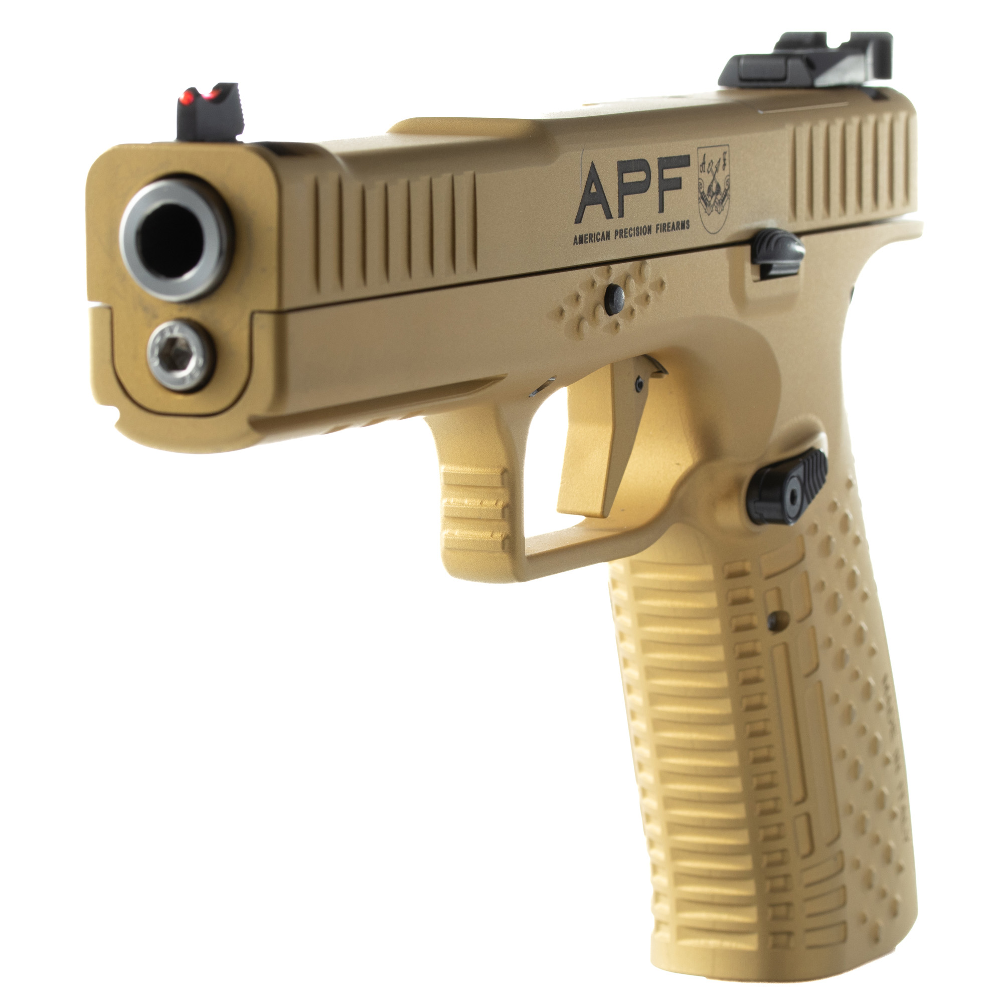 American Precision Firearms Strike One, Ergal, Semi-automatic, Striker Fired, Full Size, Aluminum Frame Pistol, 9MM, 5 Barrel, No Manual Safety, Brushed Finish, Gold Slide and Frame, Fiber Optic Front Sight with Adjustable Rear, Optic Ready, 17 Round