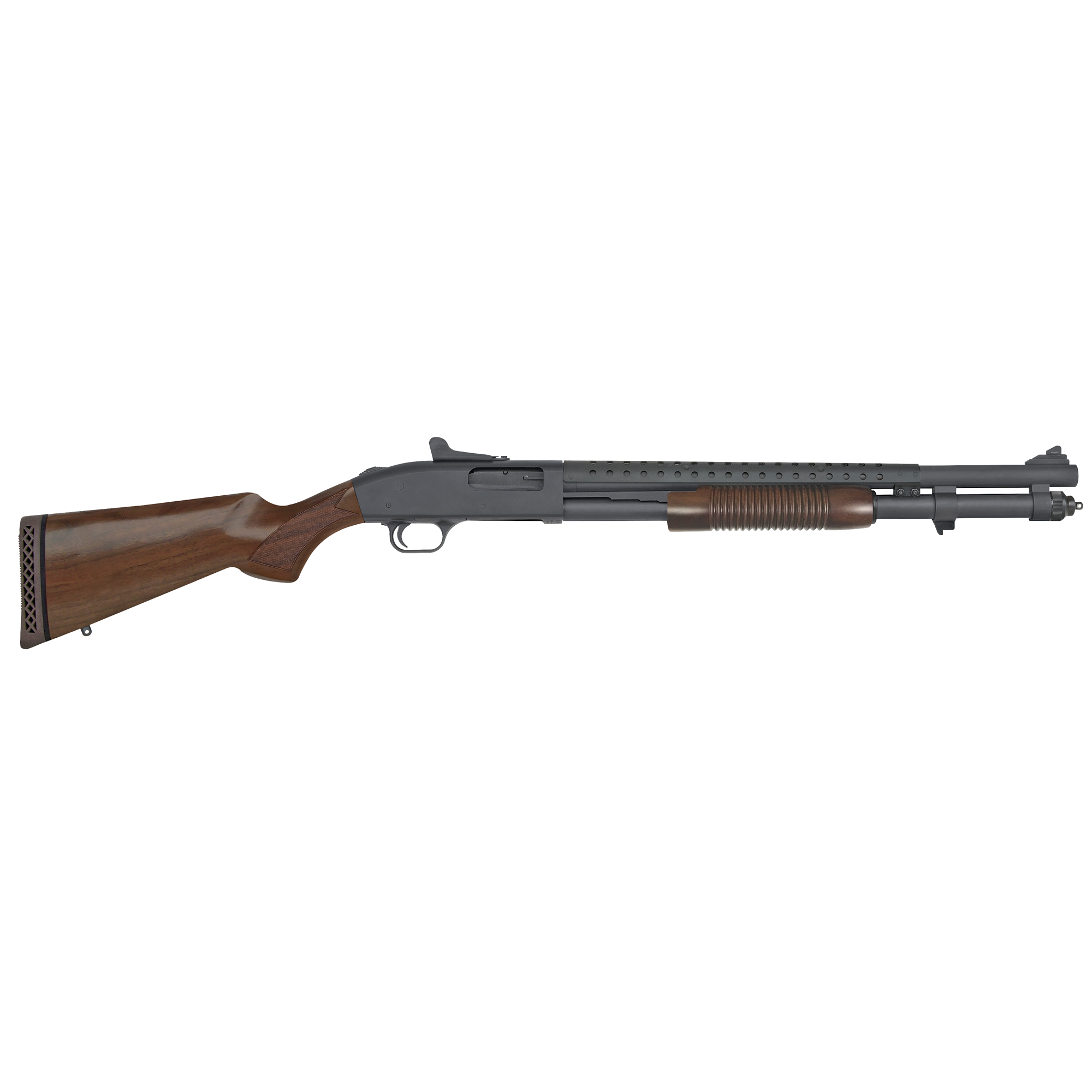 Mossberg 590A1, Retrograde, Pump, 12 Gauge 3, 20, Blue, Wood, Right Hand, Heavy Barrel, 3, Cylinder, 8Rd, Ghost Ring Sight 51665
