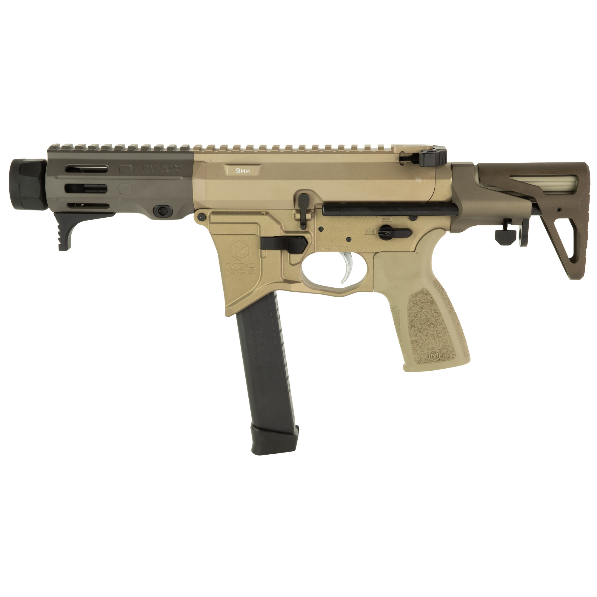 Maxim Defense Industries MD9 904S, Semi-automatic Rifle, SBR, 9MM, 4.5 Barrel, MLOK Handguard, Anodized Finish, Flat Dark Earth (Arid), BCM Gunfighter Grip, Maxim SCW Stock, ALG Defense Combat Trigger, Radian Raptor Charging Handle, Radian Talon Ambi