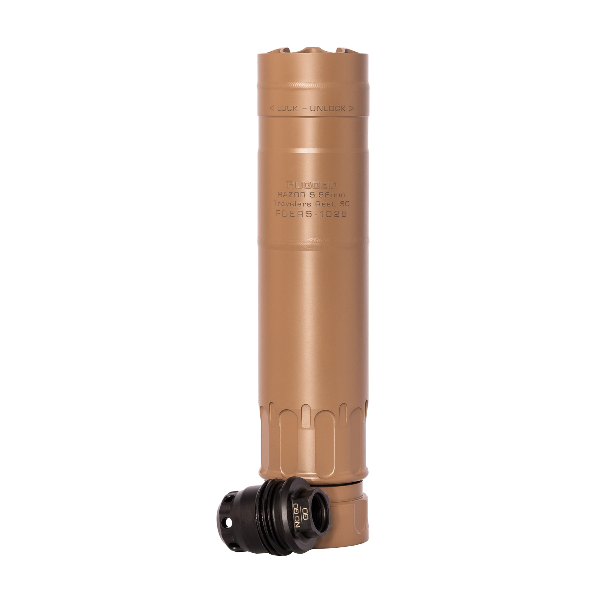 Rugged Suppressors Razor 556, Rifle Suppressor, 223 Remington/556NATO, Cerakote Finish, Flat Dark Earth, Includes M2 Muzzle Brake (1/2x28) RZRFDE556