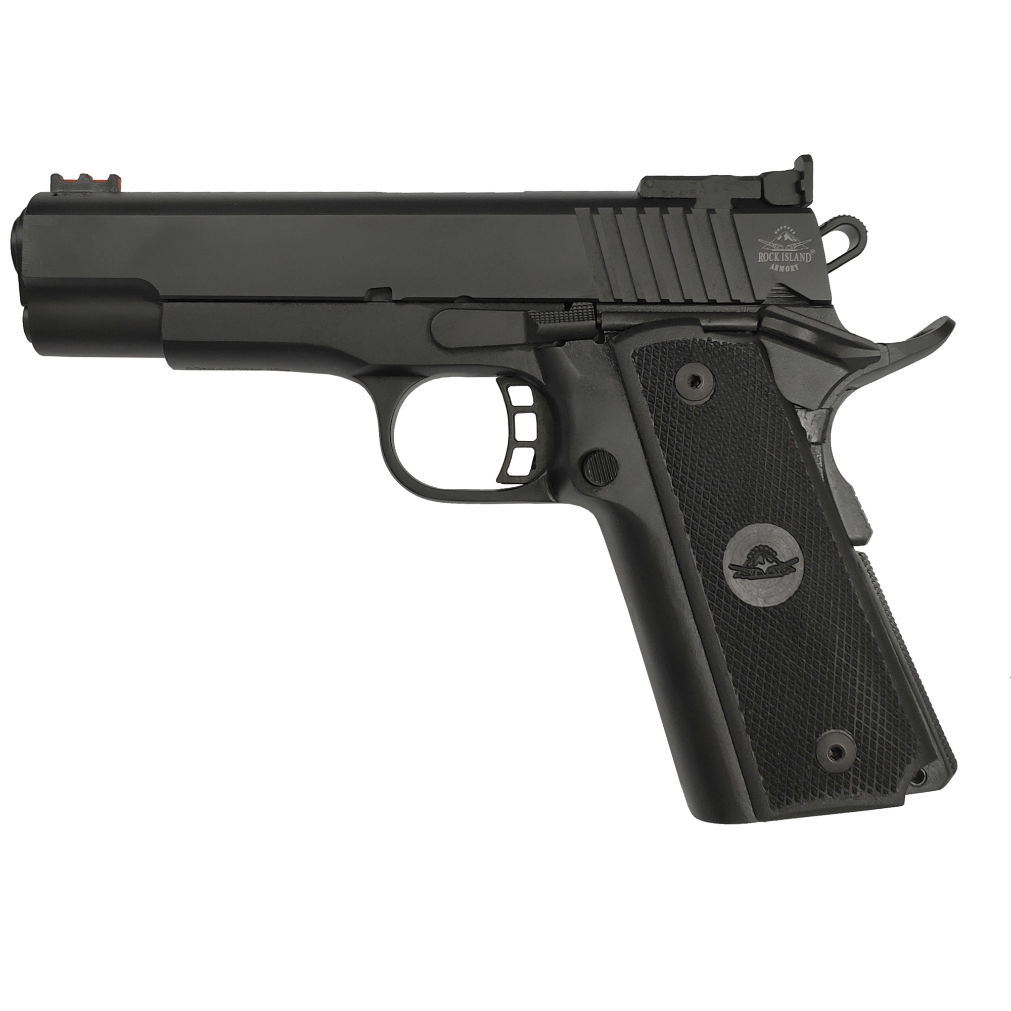Armscor TCM Standard MS 22TCM, 1911, Semi-automatic, Metal Frame Pistol, Commander Size, 22TCM, 4.3 Barrel, Steel, Armor Lube PECVD Finish, Black, Polymer Grips, Fiber Optic Front/Adjustable Rear Sight, 17 Rounds, 2 Magazines 56878