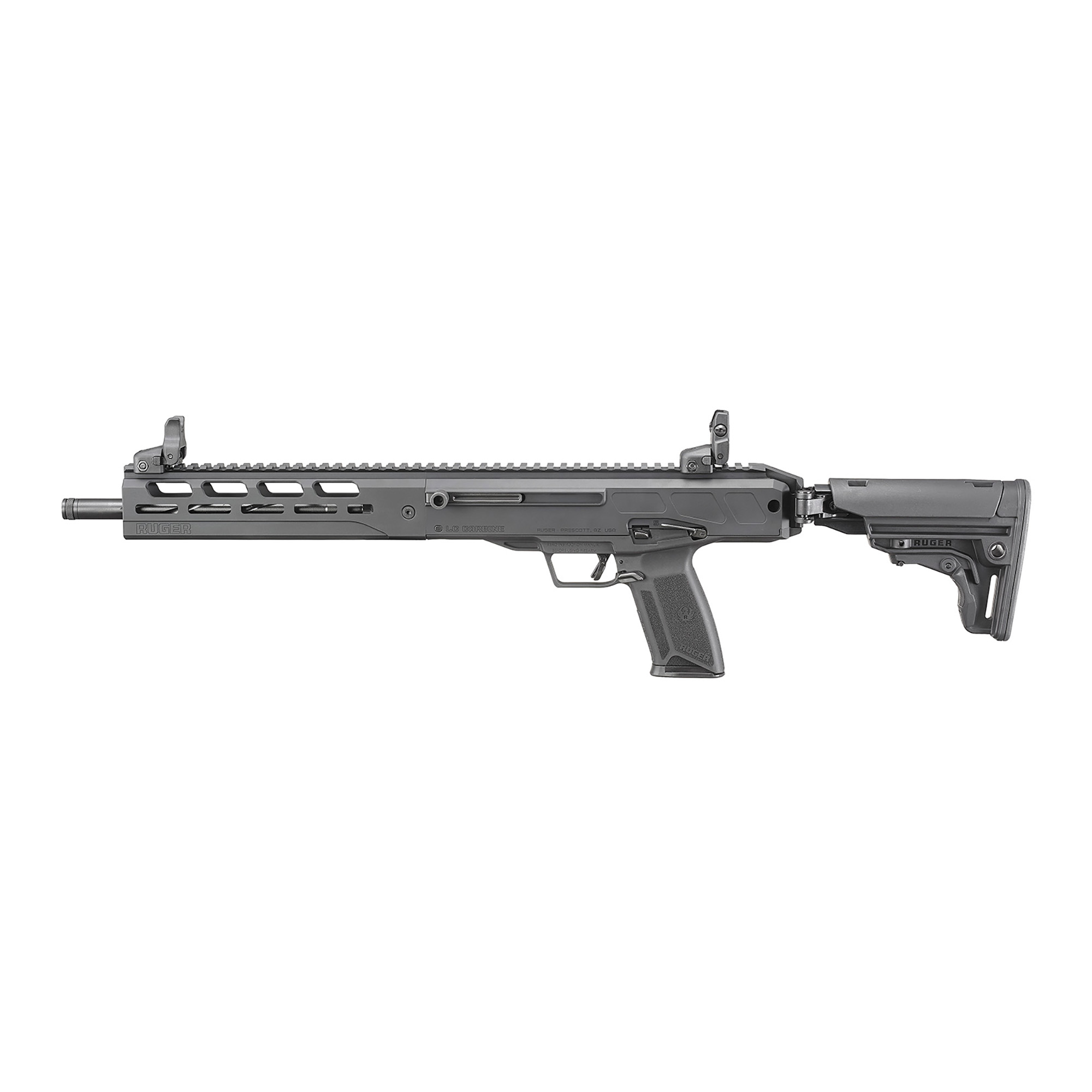 Ruger LC Carbine, Semi-automatic Rifle, 5.7X28MM, 16.25 Fluted Barrel, Threaded, 1/2x28 Threads, Black Anodized Finish, Side Folding Collapsible Stock, 1 Magazine, 20 Rounds, MLOK Handguard, Weighs 5.9lbs 19300