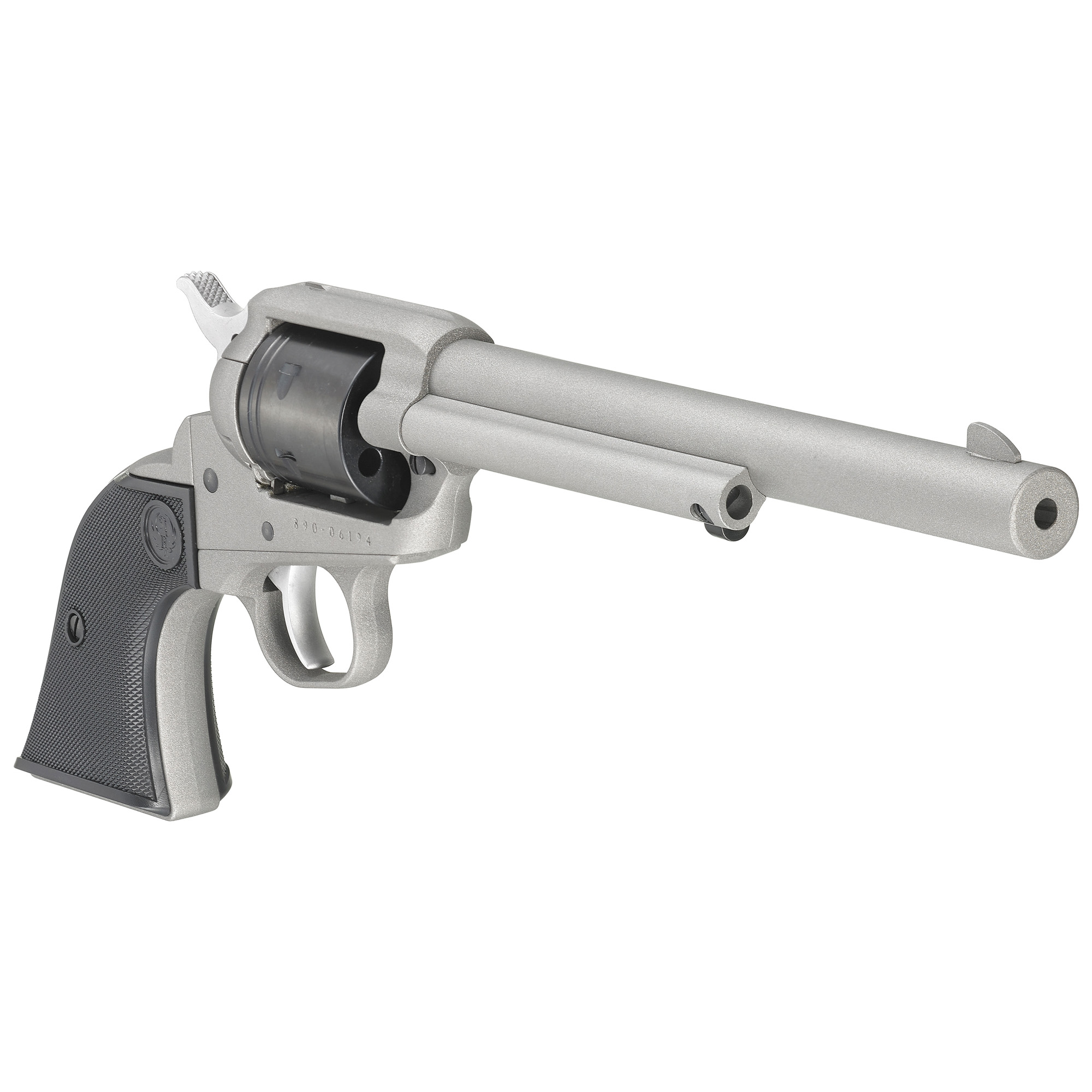 Ruger Wrangler, Single Action Only, Revolver, 22LR, 7.5 Barrel, Aluminum Alloy, Cerakote Finish, Silver, Checkered Synthetic Grips, Integral Notch Rear Sight/Blade Front Sight, Transfer Bar Safety, 6 Rounds 02039