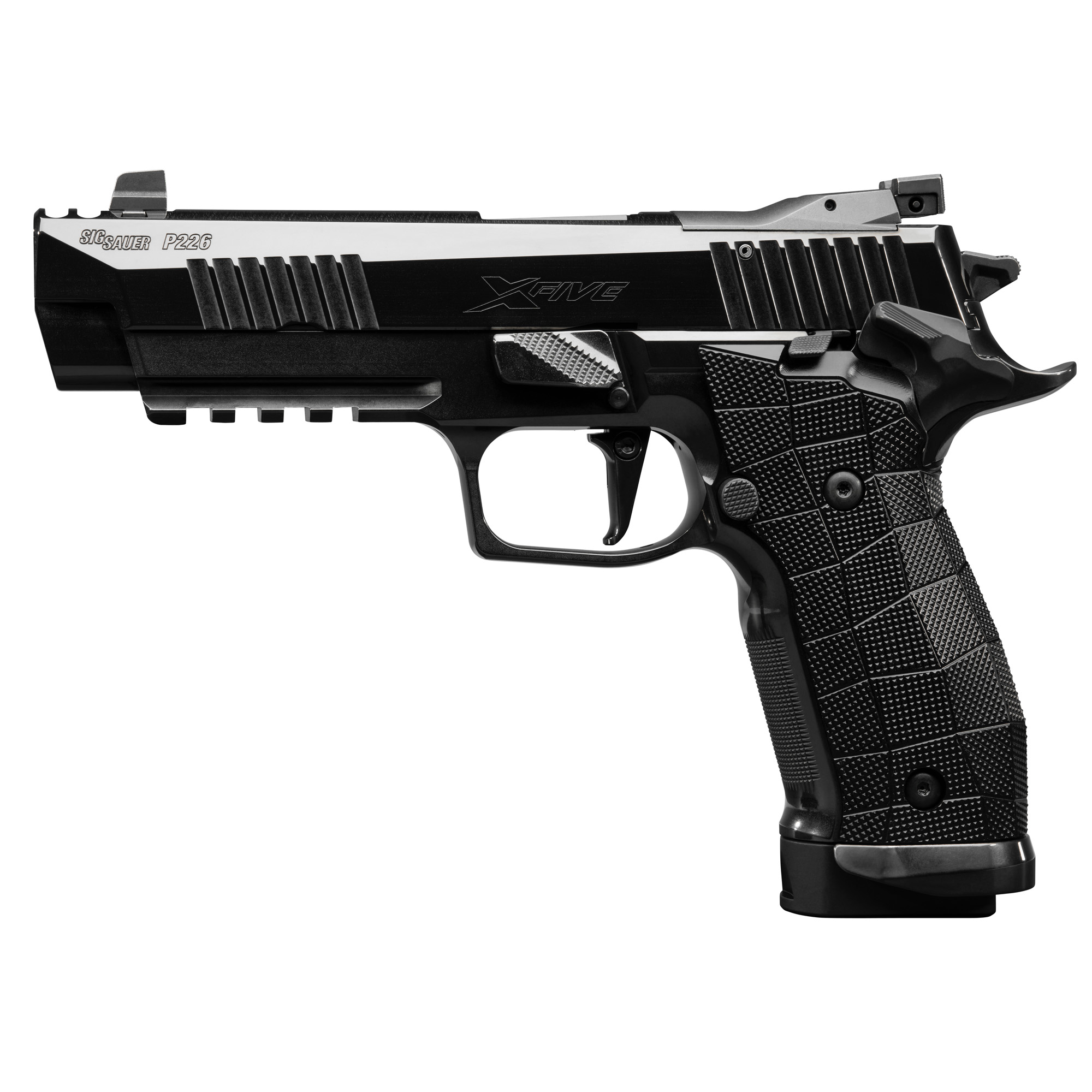 Sig Sauer P226, XFIVE Reserve, Semi-automatic, Single Action Only, Metal Frame Pistol, Full Size, 9MM, 4.4 Barrel, High Polish Finish, Optics Ready, Aluminum Grips, X-RAY3 3-Dot Tritium Sights, Compensator, 20 Rounds, 3 Magazines 226X5-9-CW-RES