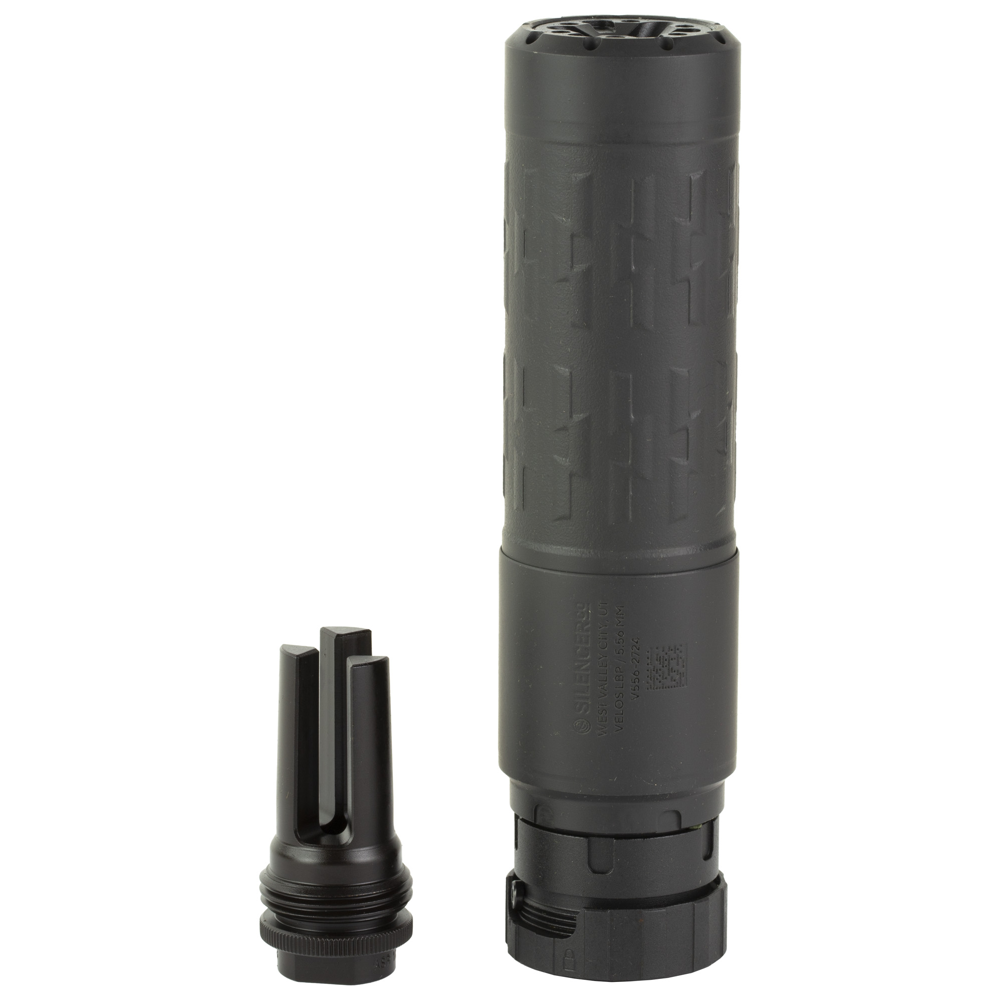 SilencerCo Velos, Suppressor, 556NATO/223 Remington, 5.98 Long, 15.2oz, 174 Stainless Steel & Inconel 625 Construction, V-Series Cerakote Finish, Black SU5059