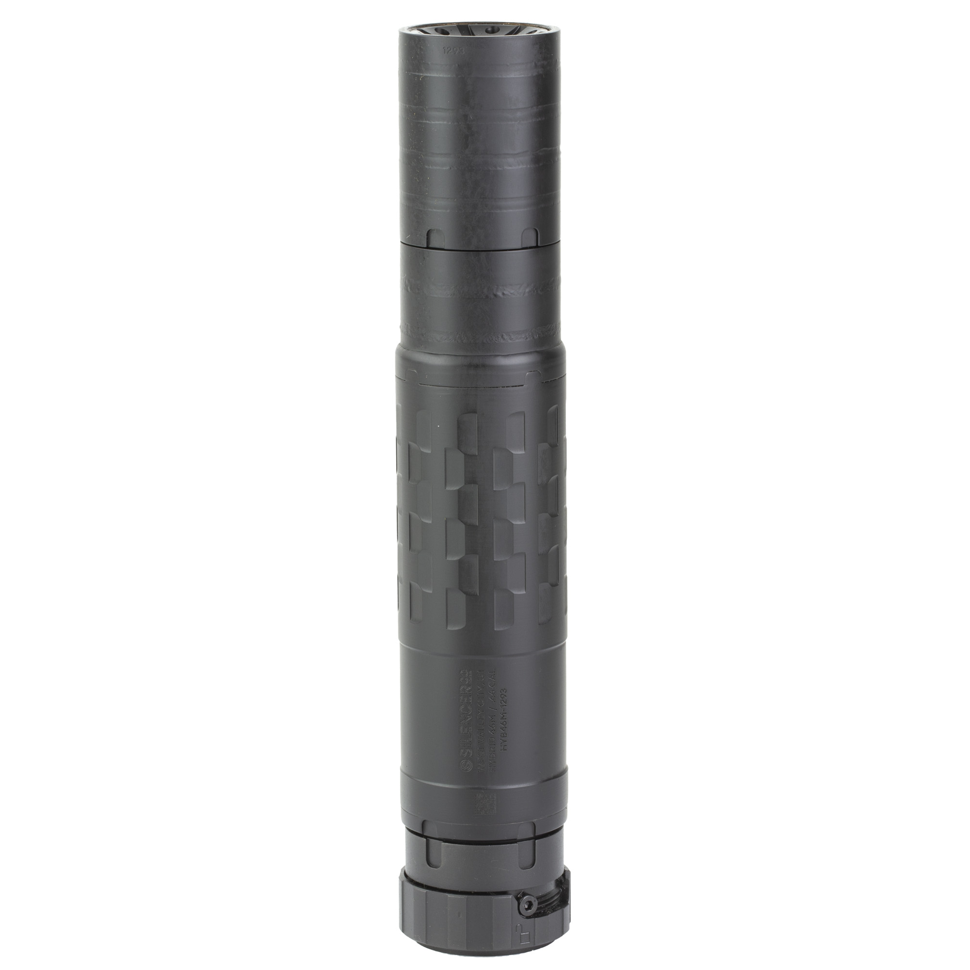 SilencerCo Hybrid 46M, Suppressor, 5.78-9.0 Length, 1.57 Diameter, Up to 458 SOCOM and 460 Weatherby Magnum, Black, Titanium, Inconel and 17-4 Stainless, Includes Charlie ASR Mount, Charlie .30 cal front cap, and Charlie .46 cal front cap SU5107