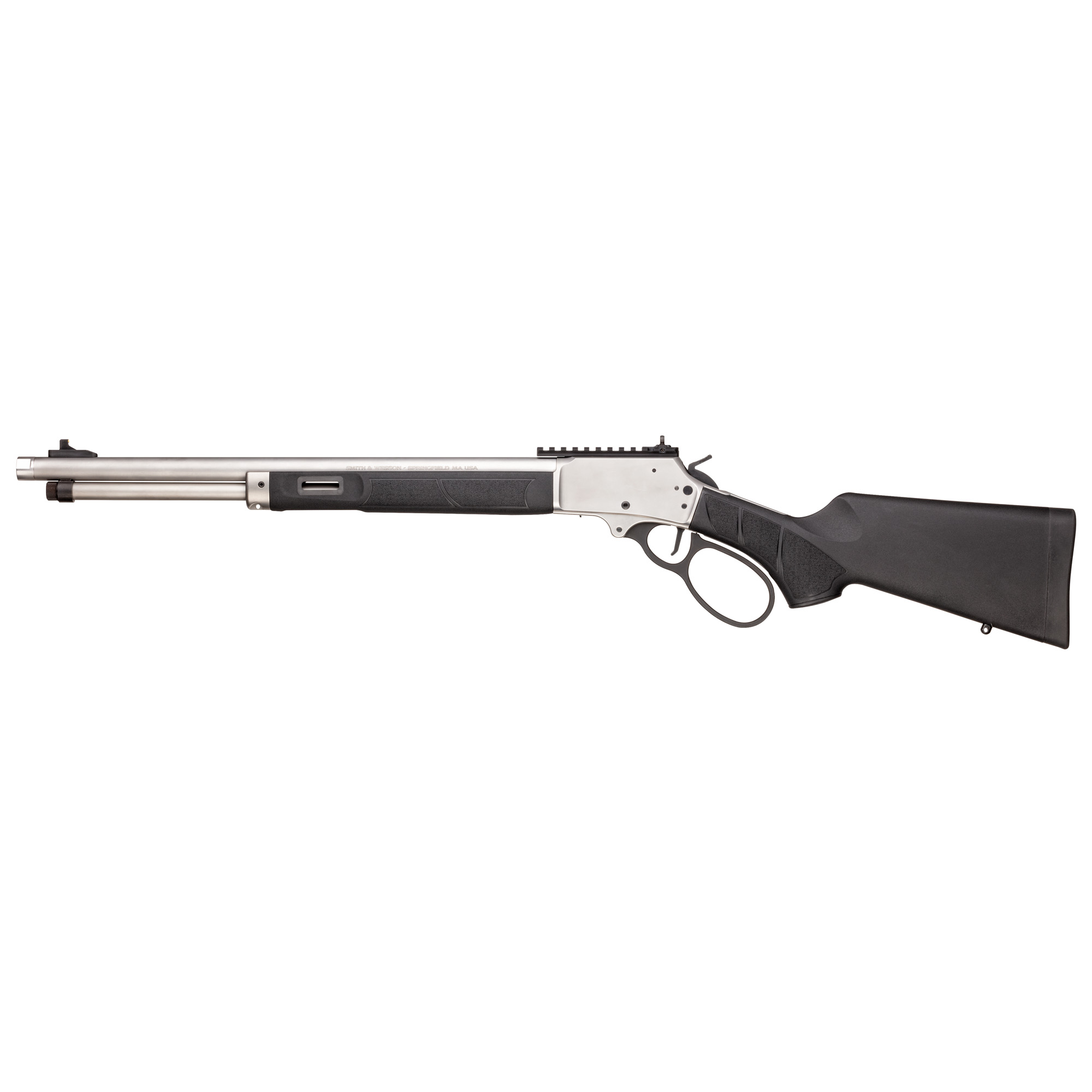Smith & Wesson 1854, Lever Action Rifle, 44 Magnum, 19.25 Threaded Barrel, 11/16-24 Thread Pitch, Satin Finish, Stainless Steel, Black Synthetic Stock, M-LOK Handguard, XS Ghost Ring Rear Sight, Gold Bead Front Sight, Cross Bolt Safety, 9 Rounds 1381 Smith & Wesson 1854, Lever Action Rifle, 44 Magnum, 19.25 Threaded Barrel, 11/16-24 Thread Pitch, Satin Finish, Stainless Steel, Black Synthetic Stock, M-LOK Handguard, XS Ghost Ring Rear Sight, Gold Bead Front Sight, Cross Bolt Safety, 9 Rounds 1381