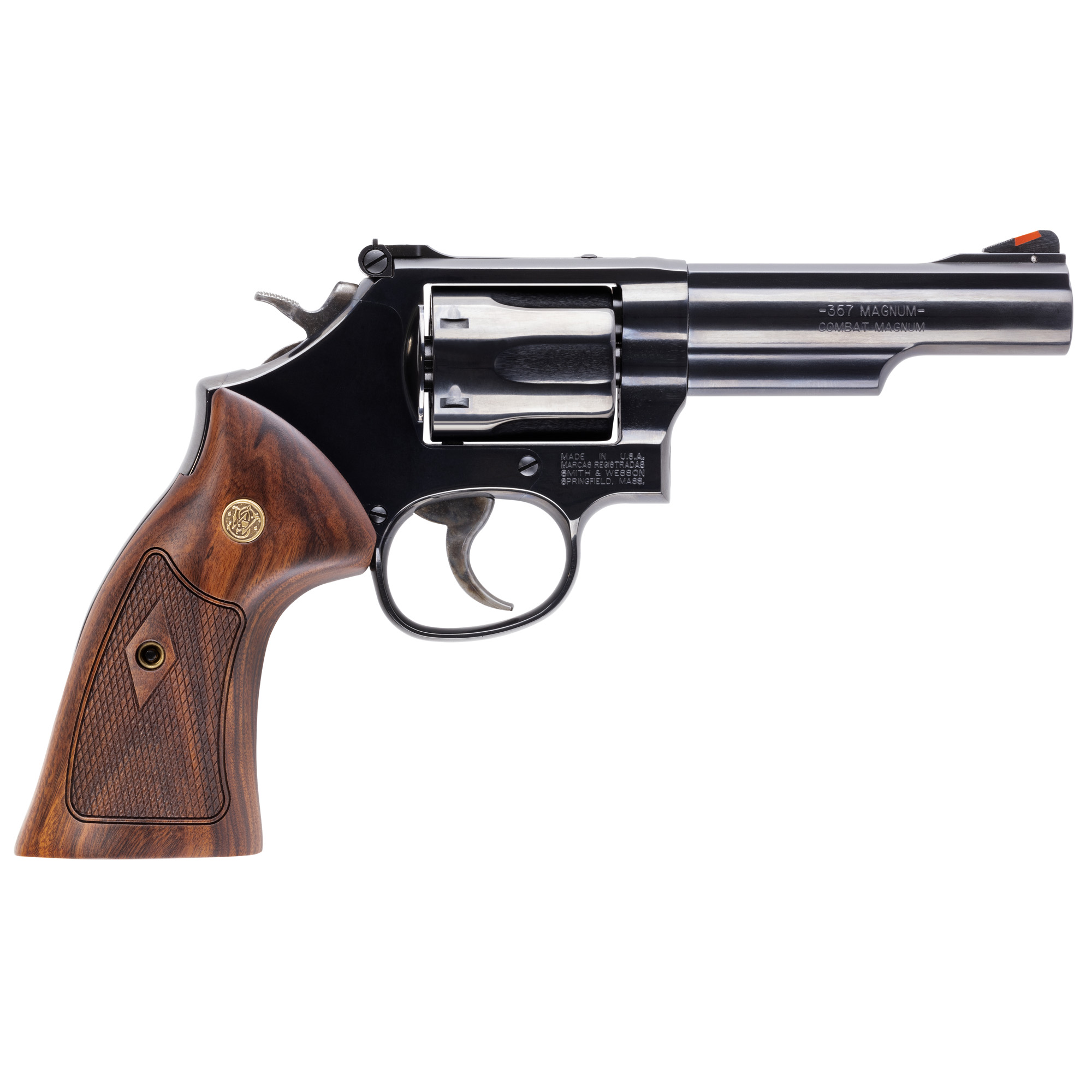 Smith & Wesson Model 19 Classic, Double Action/Single Action, Metal Frame Revolver, K-Frame, 357 Magnum/38 Special +P, 4.25 Barrel, Carbon Steel Frame, Blue Finish, Wood Grips, Red Ramp Front Sight, Adjustable Rear Sight, 6 Rounds, No Internal Lock 1