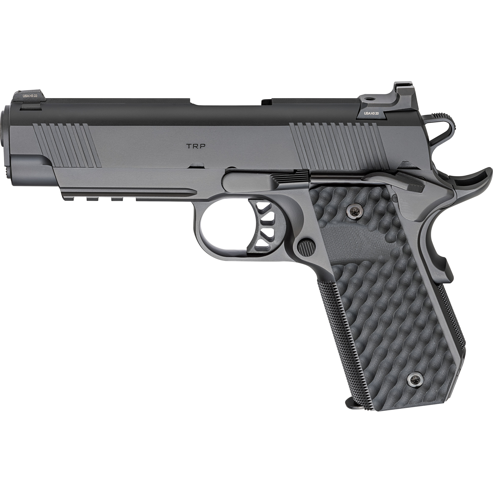 Springfield TRP Tactical Response Pistol, Carry Contour, Semi-automatic, 1911, Metal Frame Pistol, Commander Size, 45 ACP, 4.25 Match Grade Barrel, Cerakote Finish, Black, VZ Grips Hydra G10 Grips, Tactical Rack 3-Dot Night Sights, 7 Rounds
