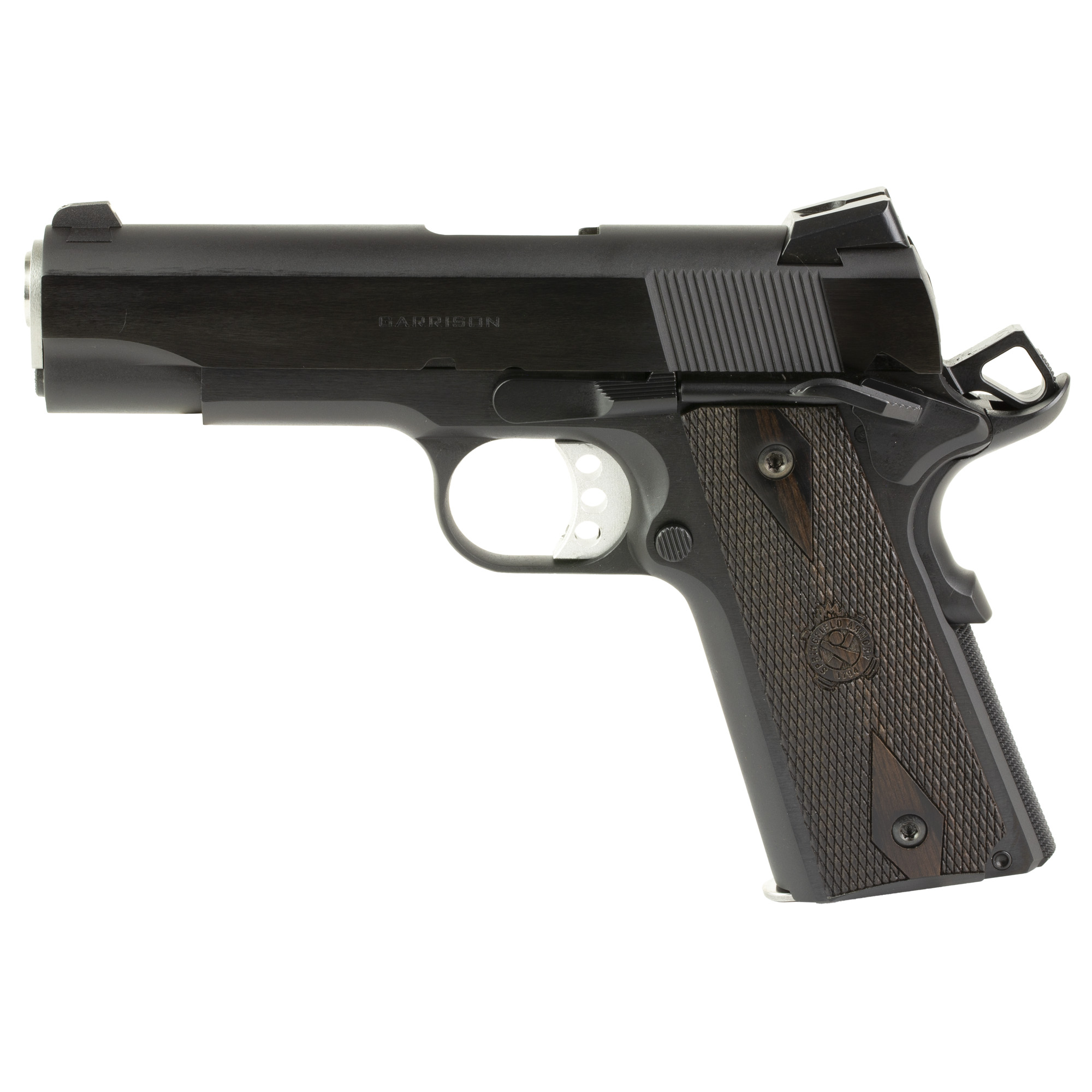 Springfield Garrison, 1911, Single Action Only, Semi-automatic, Metal Frame Pistol, Commander Size, 9MM, 4.25 Match Grade Barrel, Blued Finish, Black, Wood Grips, 3-Dot Combat Sights, Manual Thumb Safety, Grip Safety, 9 Rounds, 1 Magazine PX9417