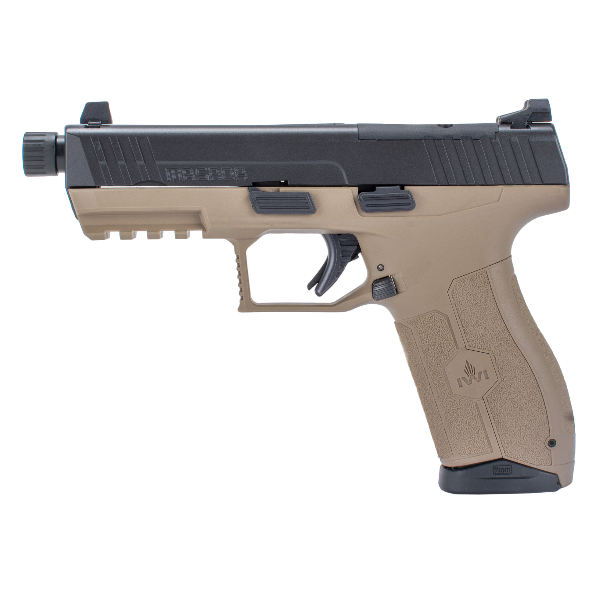 IWI US, Inc Masada Optics Ready, Striker Fired, Semi-automatic, Polymer Frame Pistol, Full Size, 9MM, 4.6 Barrel, Threaded Barrel, Matte Finish, Flat Dark Earth, 3 Dot Sights, 17 Rounds, 2 Magazines M9ORP17TFD