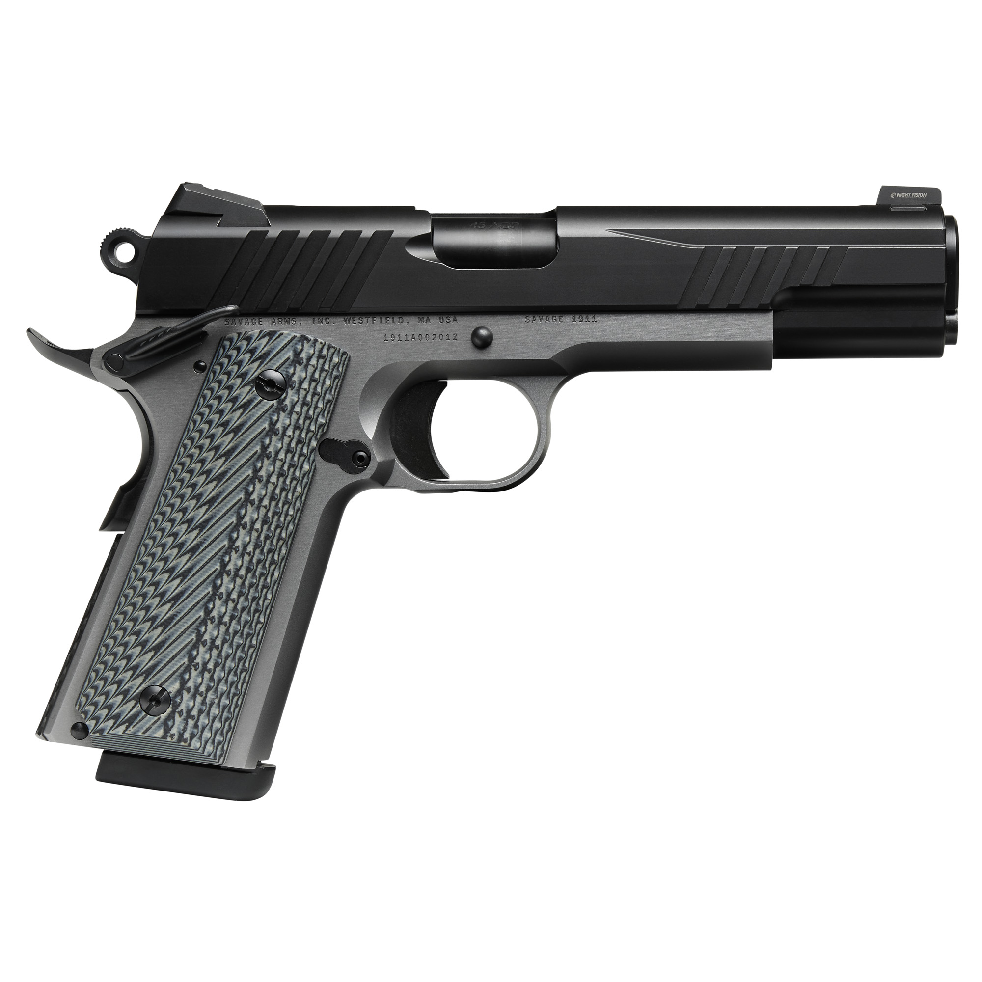 Savage Arms Savage 1911, Semi-automatic, Single Action, Metal Frame Pistol, Full Size, 9mm, 5 Barrel, G10 Grips, Stainless Steel Finish, Silver Frame, Black Slide, Night Sights, Manual Safety, 10 Rounds, 2 Magazines 67206