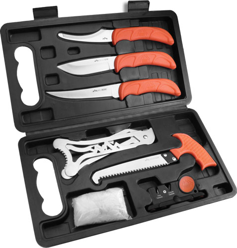 Outdoor Edge Jager Pak Game Processing Kit, Fixed Blade Knife Set, Plain Edge, 420J2 Stainless Steel, Orange Handle, Includes (1) Gutting Knife, (1) Skinner Knife, (1) Boning Knife, (1) T-Handle Saw, (1) Sharpener, (1) Rib Spreader, Game Cleaning Glo