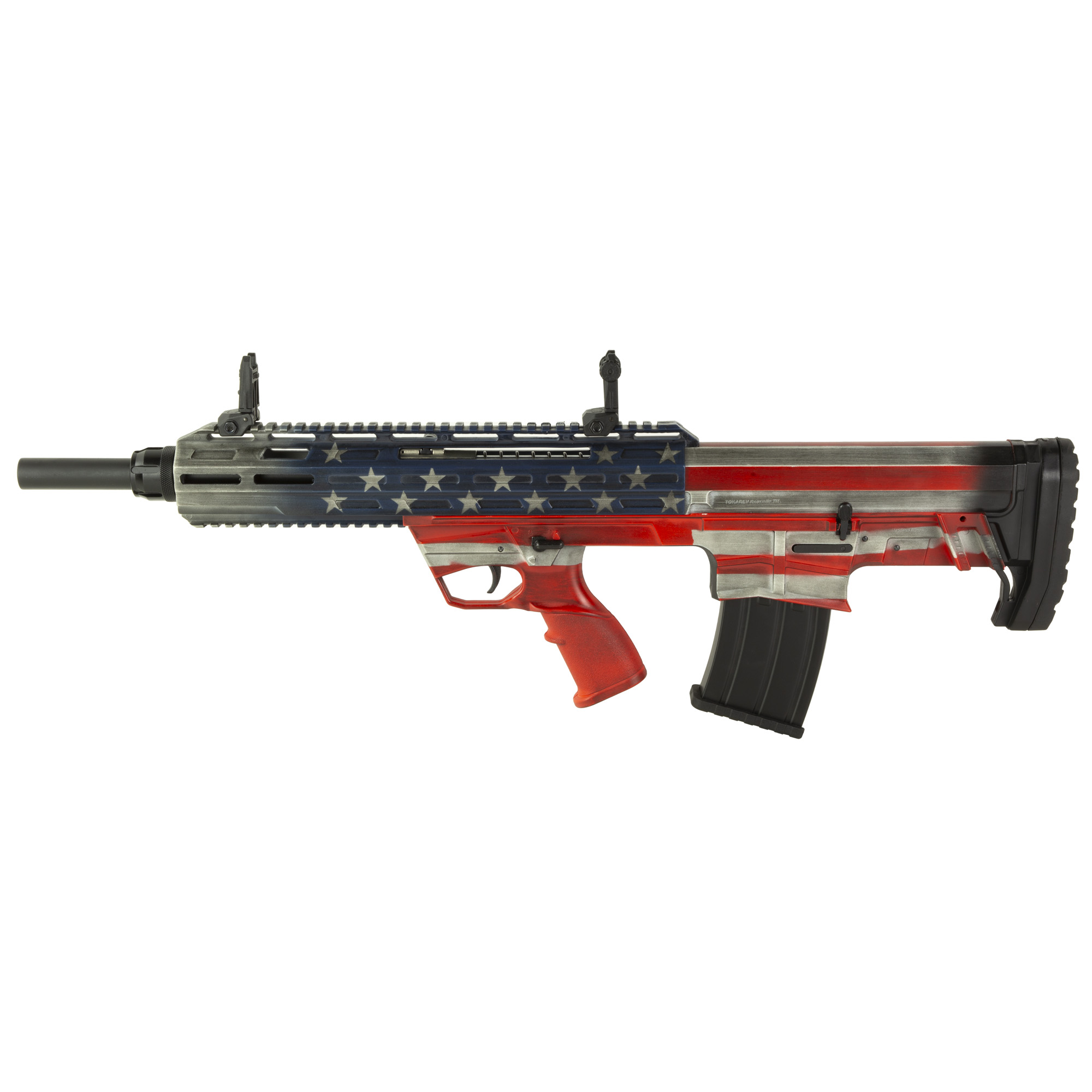 Tokarev Shotguns TBP 12 AF, Semi-automatic Shotgun, 12 Gauge, 3 Chamber, 18.5 Chrome Lined Barrel, Bull-pup Design, Custom American Flag Finish, Front/Rear Flip-up Sights, Includes 3 Benelli Mobil Chokes - Full, Modified & Cylinder, 5 Rounds, 1 Magaz