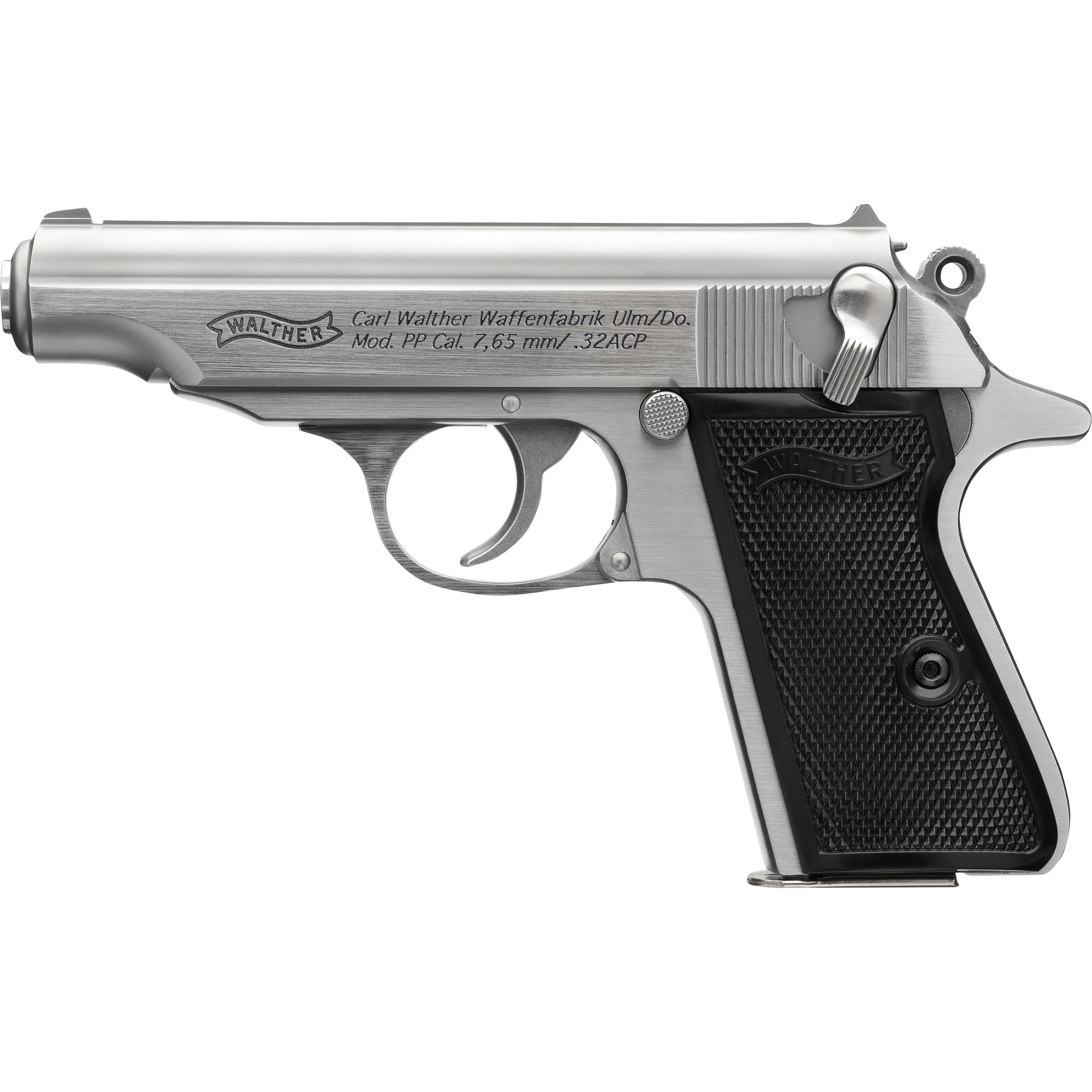 Walther PP, Semi-automatic, DA/SA, Metal Frame Pistol, 32 ACP, 3.9 Barrel, Steel Construction, Stainless Finish, Silver, Fixed Sights, 8 Rounds 4796029
