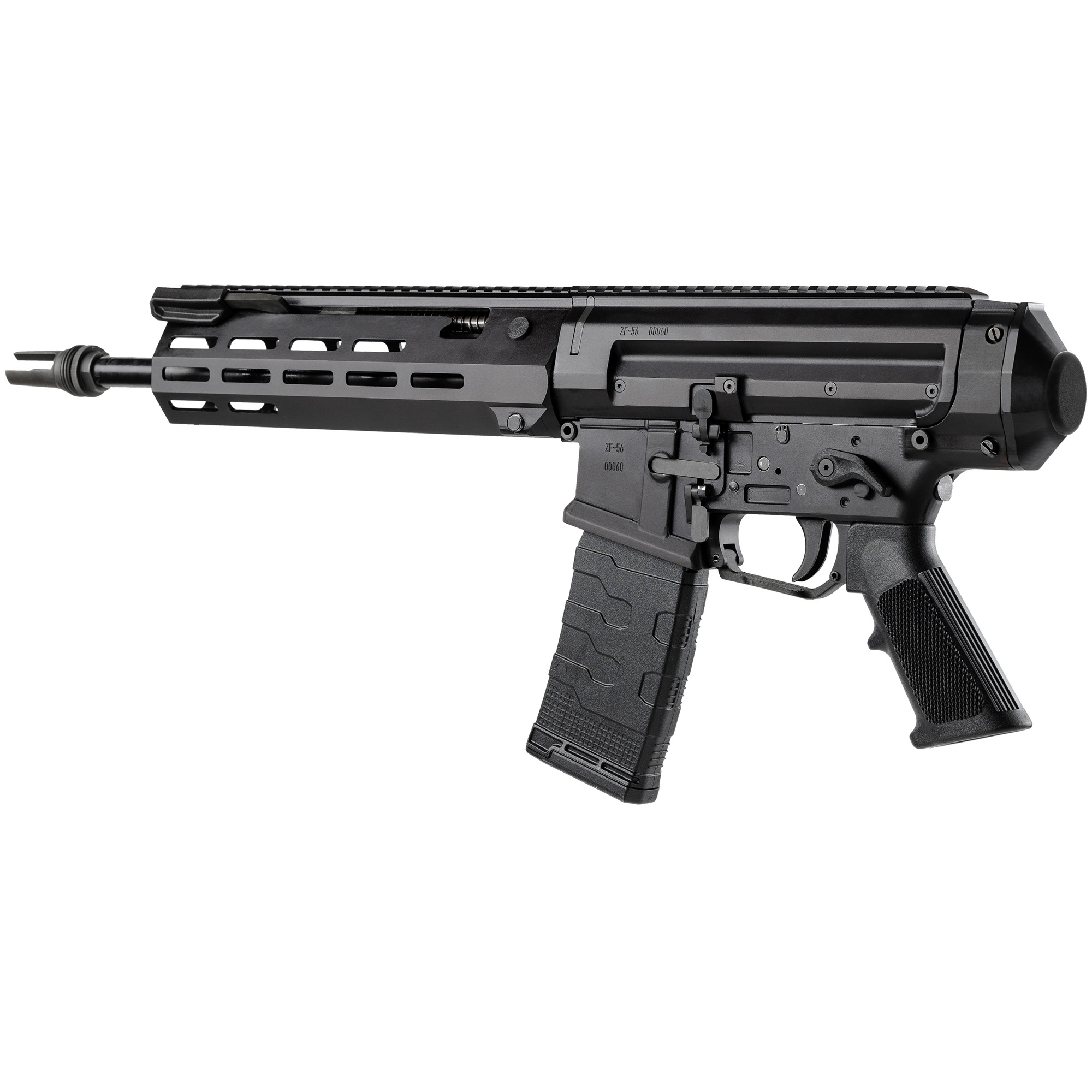 Zenith Firearms ZF-56, Semi-automatic Pistol, 556NATO, 14.5 Barrel, Threaded 1/2x28, 3 Prong Flash Hider, Matte Finish, Black, Polymer Grip, Manual Safety, Free Float M-LOK Handguard, 30 Rounds, 3 Magazines ZF56000145