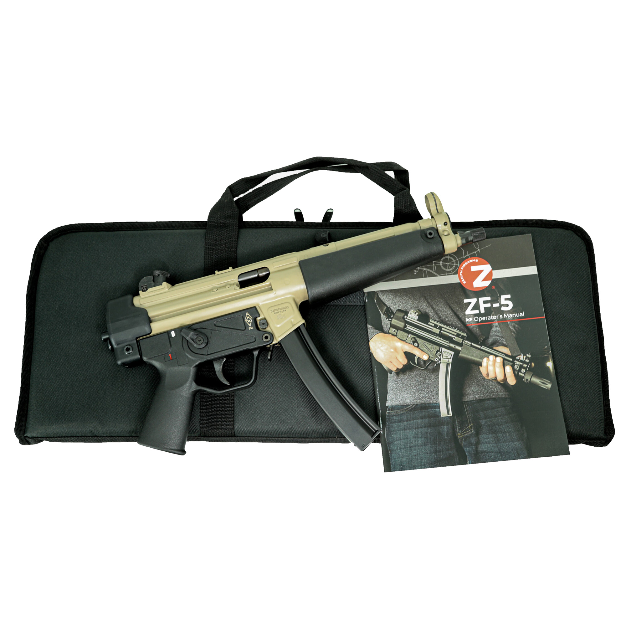 Zenith Firearms ZF-5 Essentials Package, Semi-automatic, 9MM, 8.9 CHF Threaded/Trilug Barrel, 1/2X28, Matte Finish, Flat Dark Earth, Polymer Grip, Ambidextrous Safety, Adjustable Sights, 1 Magazine, 30 Rounds, Soft Case, Manual ZF501MAG9FDE