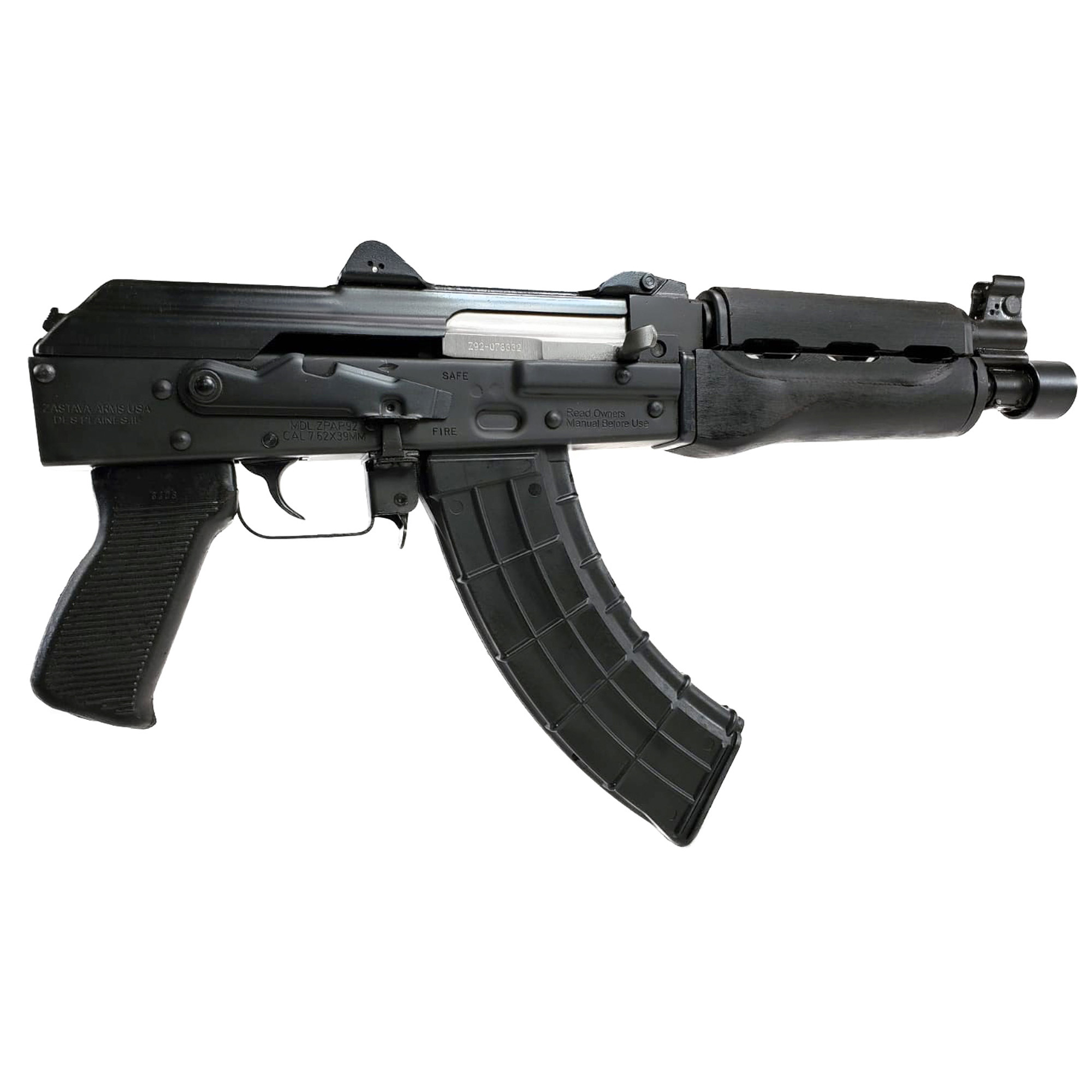 Zastava ZPAP92, Semi-automatic, AK Pistol, 7.62X39, 10 Chrome Lined Barrel, Matte Finish, Black, Polymer Grip, Wood Handguard, 30 Rounds, 1 Magazine, Bulged Trunnion, Hinged Top Cover, 1.5MM Receiver ZP92762M
