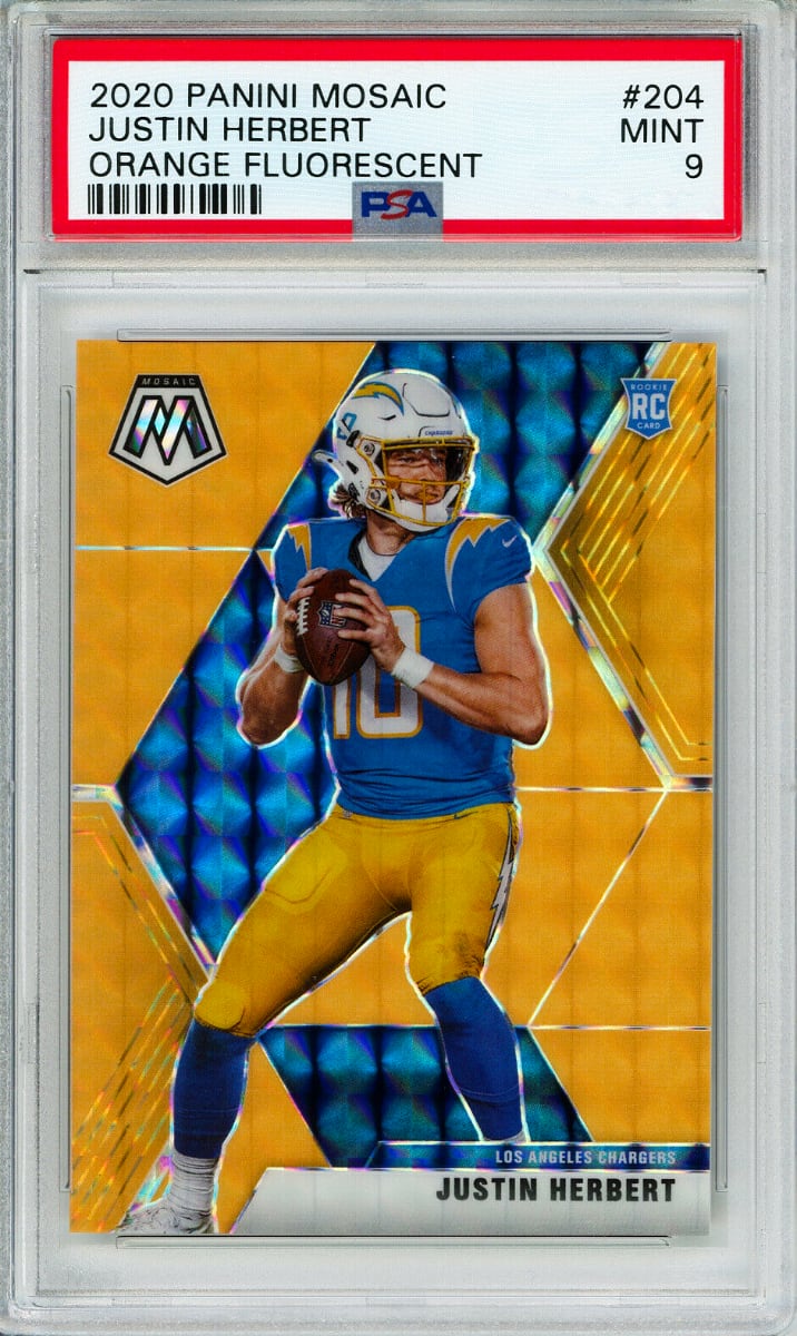 2020 Panini Mosaic Football Mosaic Orange Fluorescent Justin Herbert #204 PSA 9