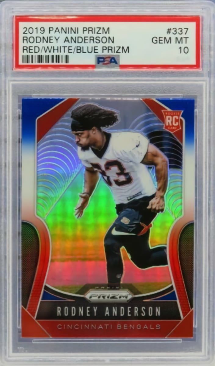 2019 Panini Prizm Football Prizm Red White Blue Rodney Anderson #337 PSA 9