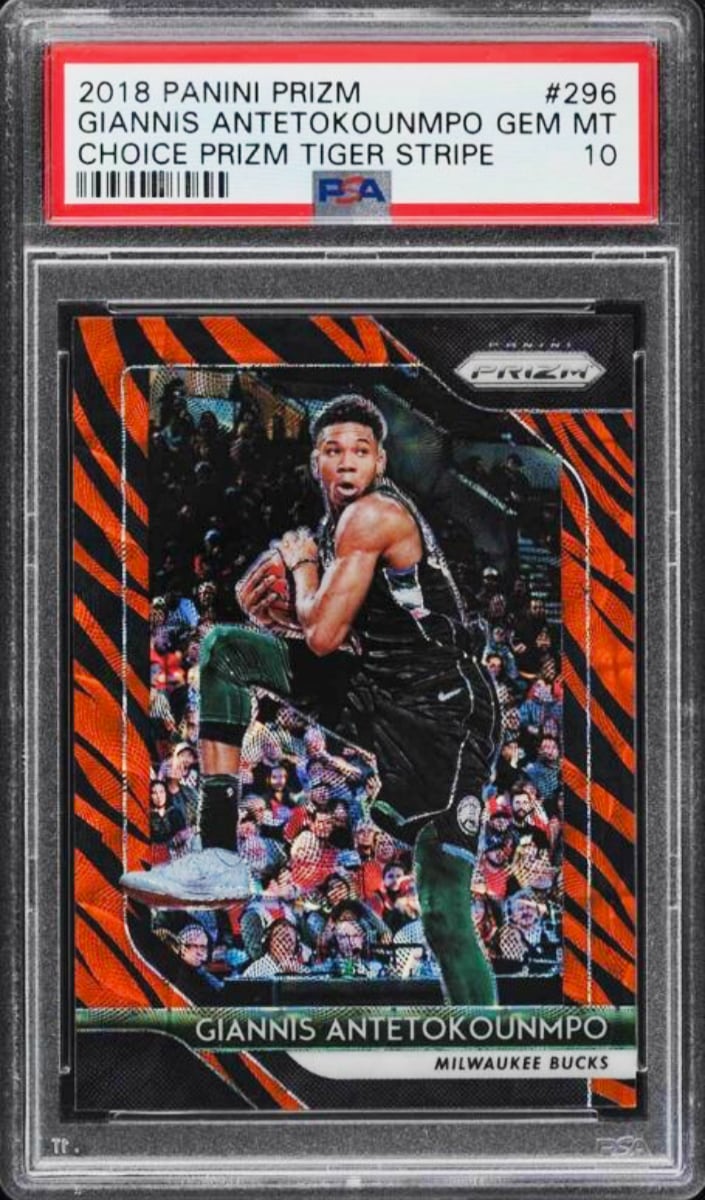 2018 Panini Prizm Basketball Choice Tiger Stripe prizm Giannis Antetokounmpo #296 PSA 10