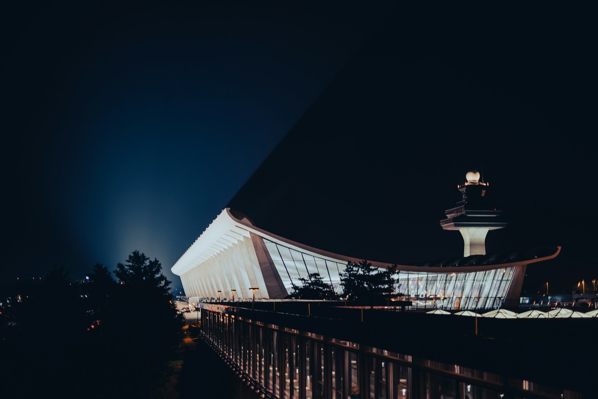 airport terminal building at night