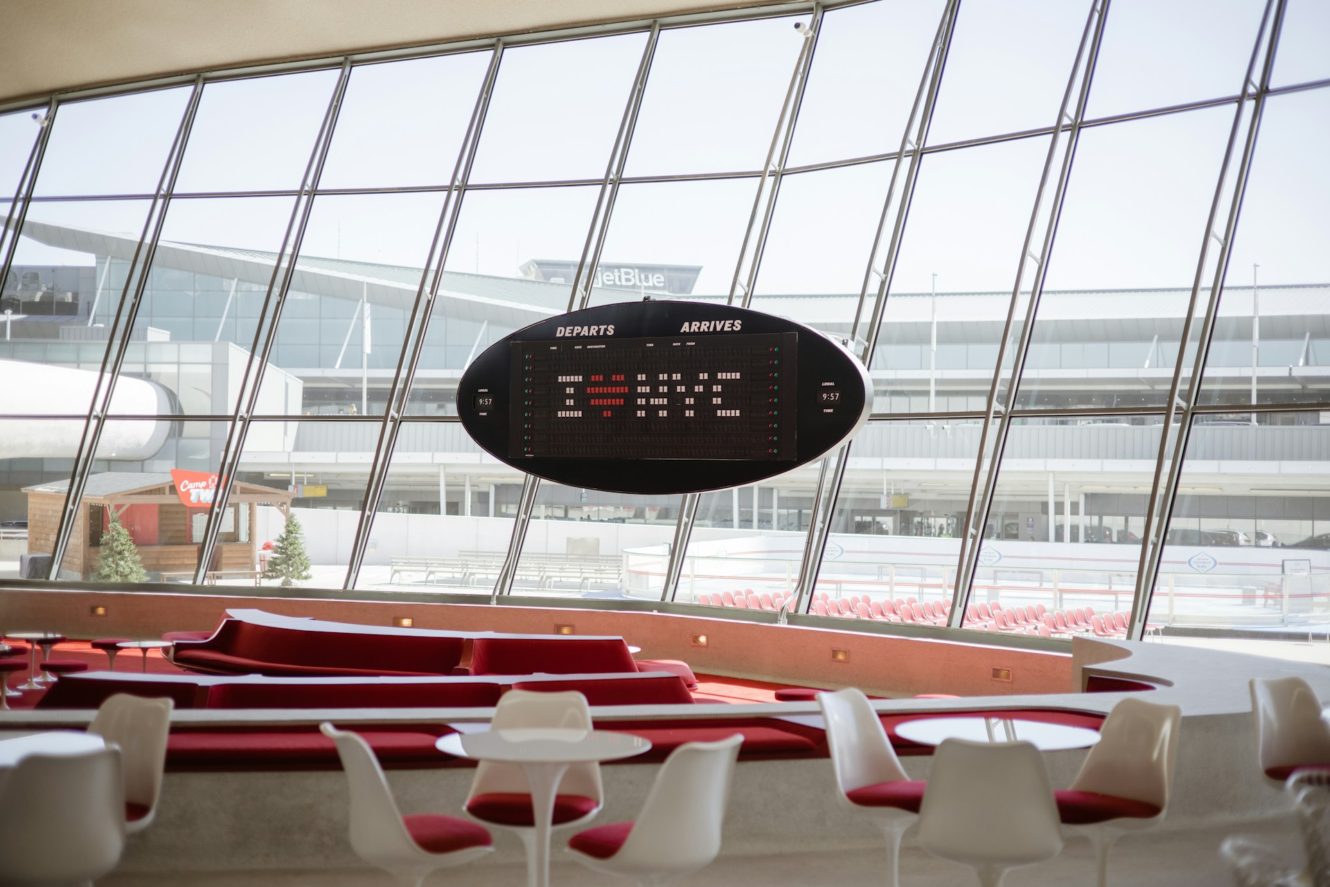 Departure and arrivals board at TWA hotel in JFK Airport