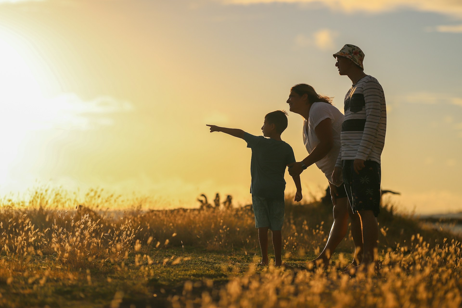 A family in a field at sunset