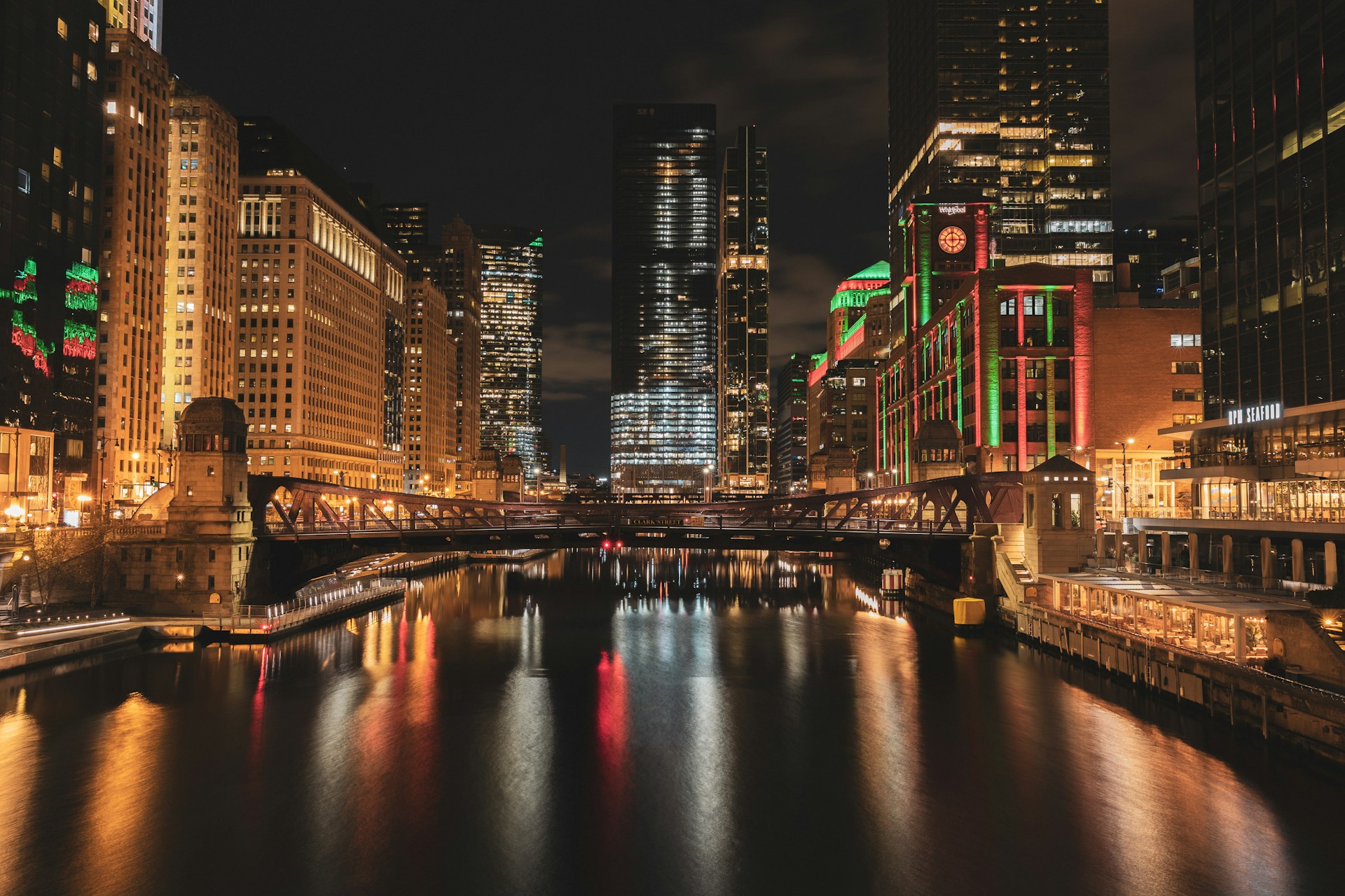 Festive light displays in Chicago over the river