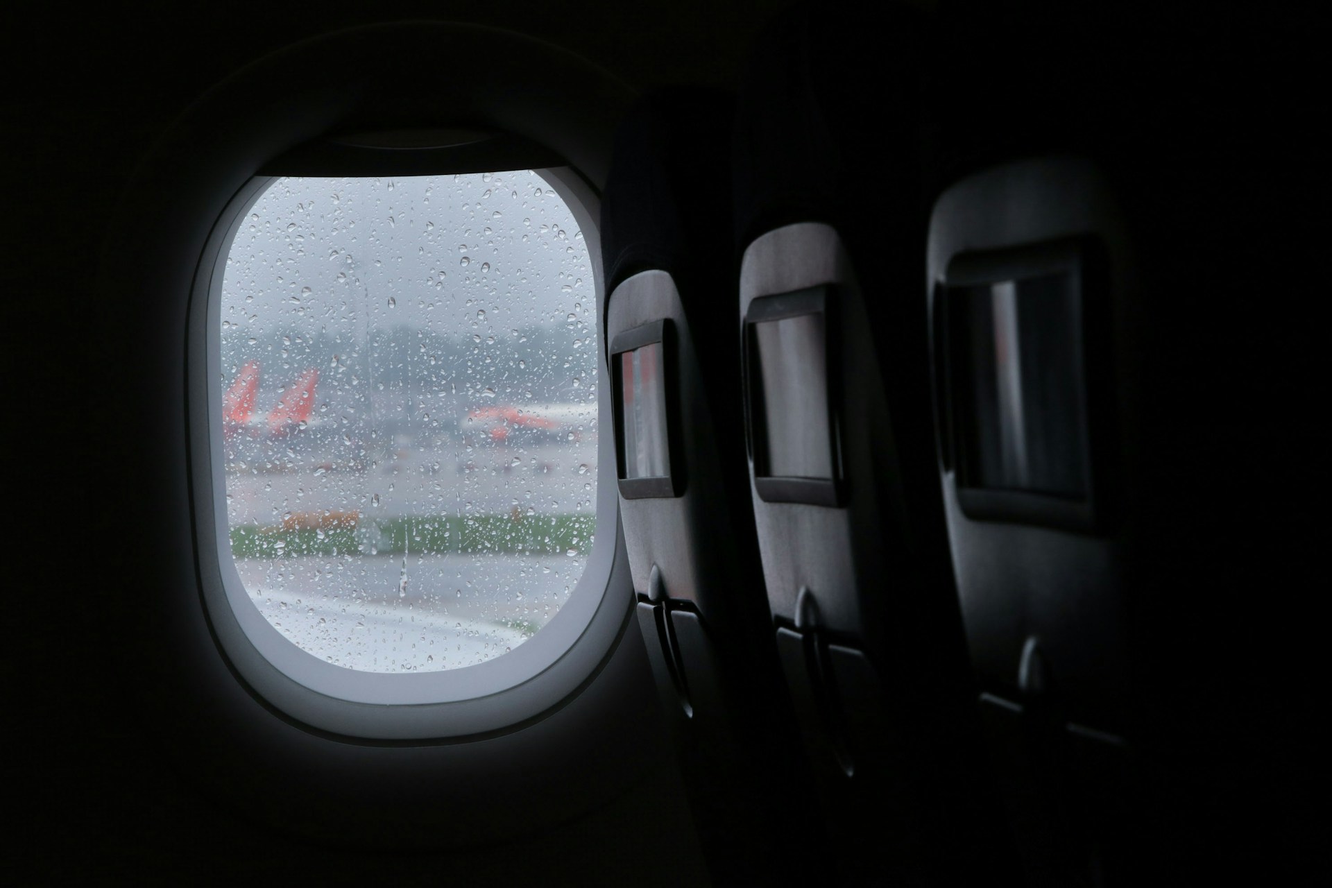 A winter storm through an airplane window