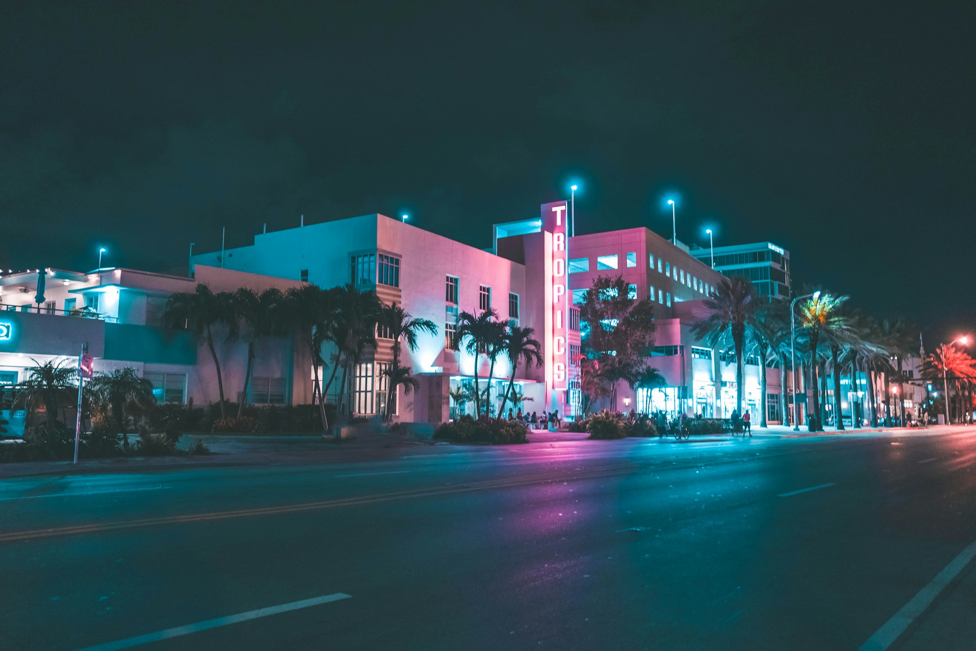 A street in Miami with bright neon lighting