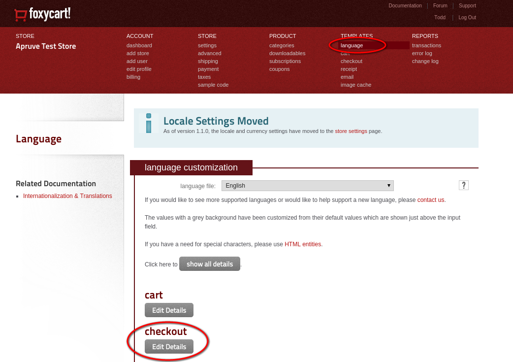 FoxyCart checkout language details