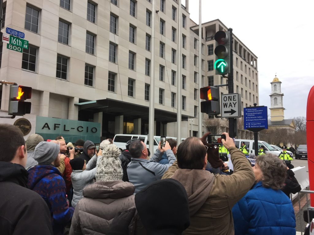 Crowd outside St. John's church as Trump arrived. (Katherine Shaver/The Washington Post)